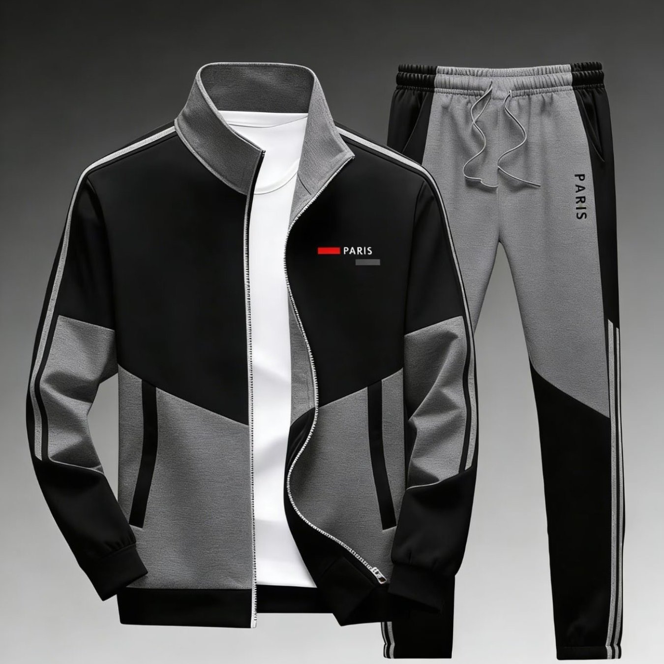 Zip Up Tracksuit Set Men's Fashion Fall Winter Casual With Paris Logo Striped Accent Sportswear For Adults Men Casual Wear