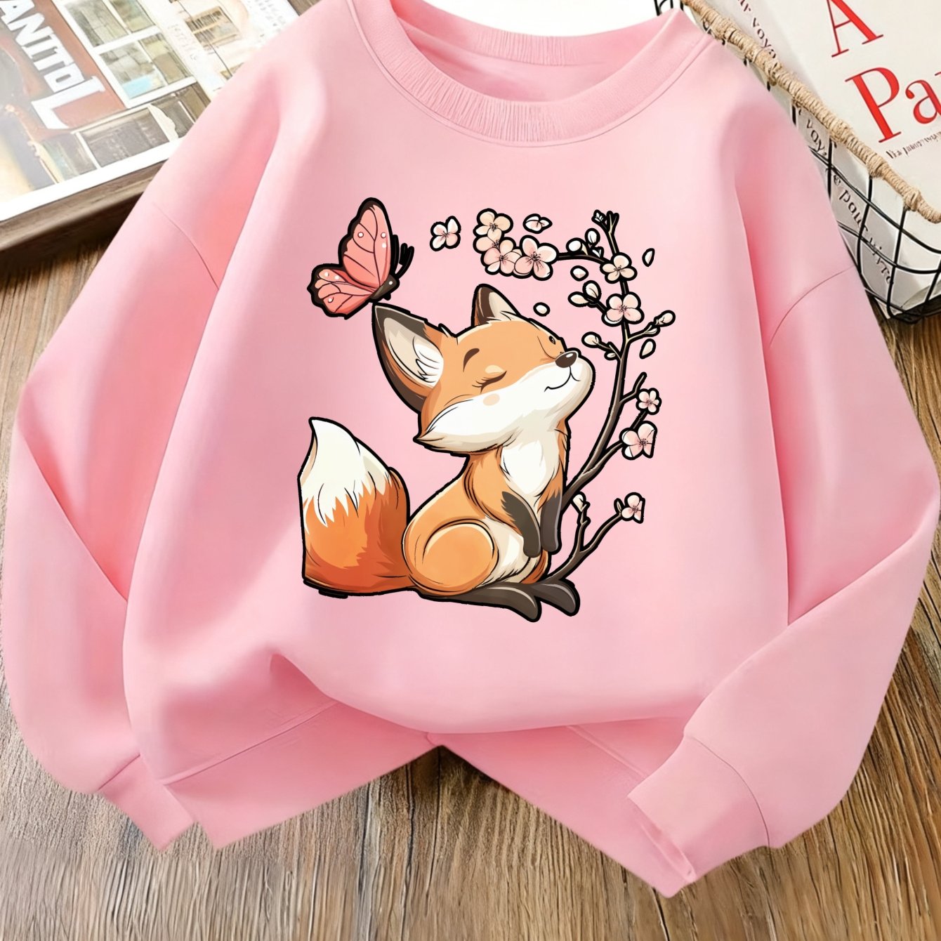 Image of Fox Floral Print Crewneck Sweatshirt Soft Terry Fleece Thickened Spring Autumn Daily Wear