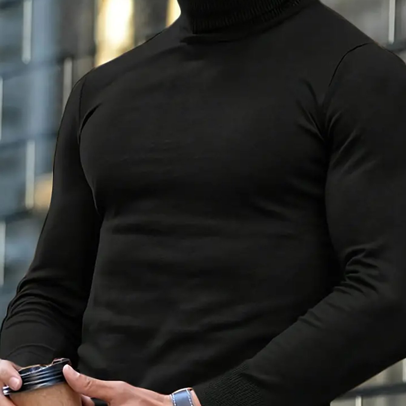 Casual Everyday Outfit Featuring A Solid Color, Slim-fit, Long-sleeve, High-neck Sweater For Men, Knit