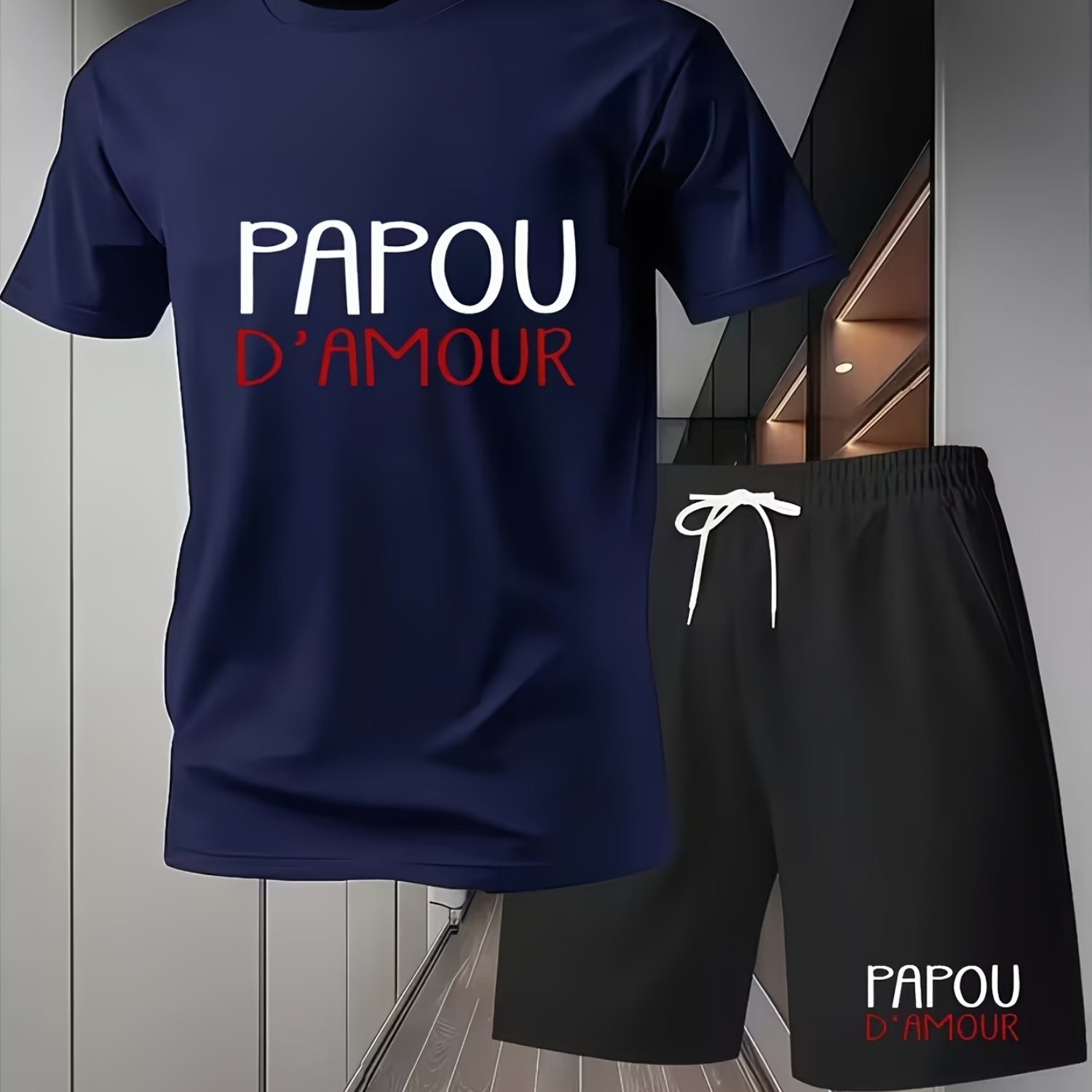 TEMU Ensemble 2 pièces T-shirt à manches courtes et short imprimé "Cher Papou " - Tenue