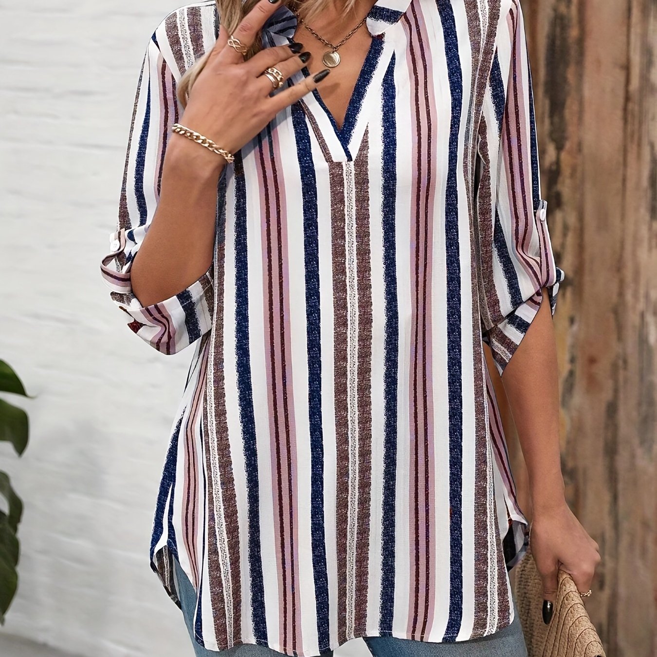 TEMU Women's Color Block Striped Notch Collar Roll Sleeve Shirt, 7/8 Sleeve Top