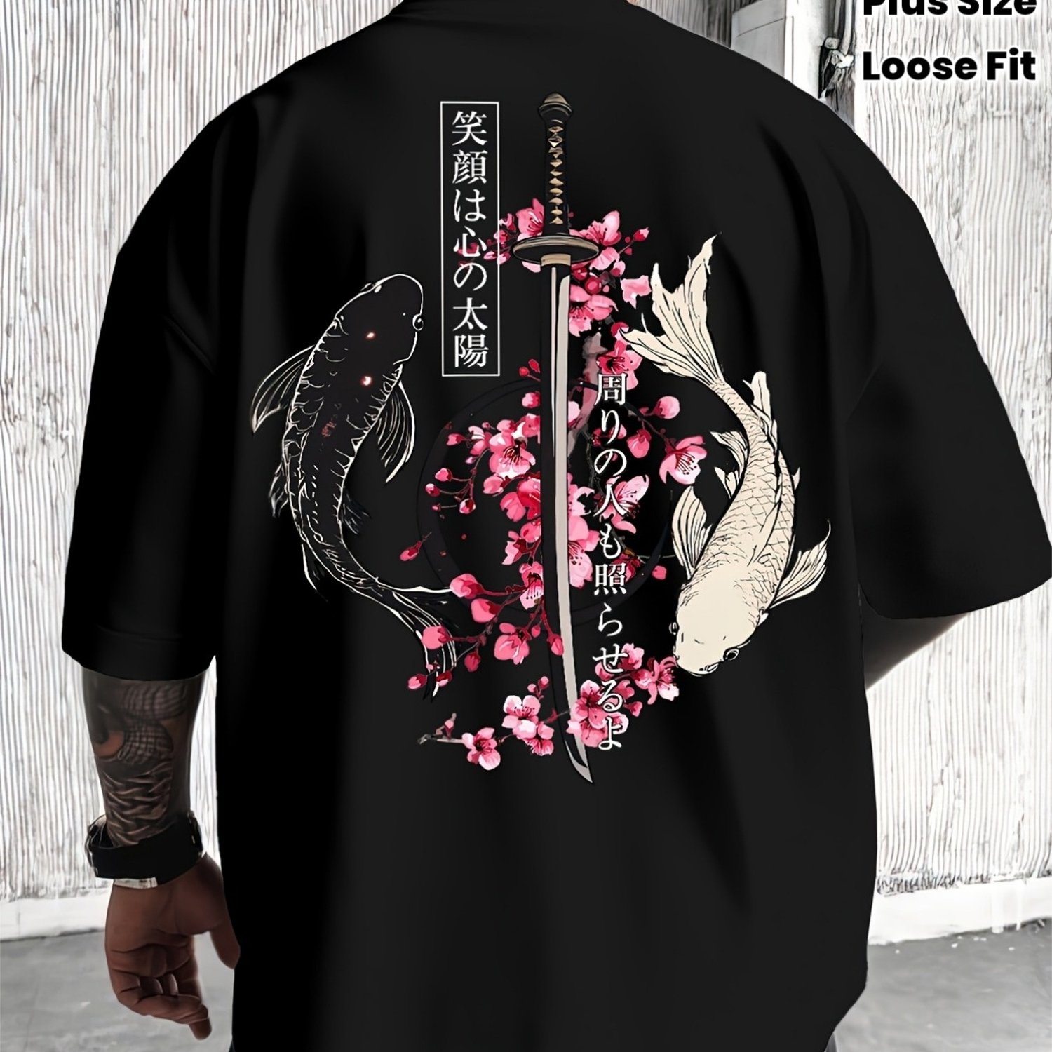 Men' & Women' Japanese & Cherry T-shirt - Sword Print, Loose Fit Round Neck Short Sleeve Casual Suitable For , Plus Size , Machine Washable Japanese Themed Apparel, Plus Size