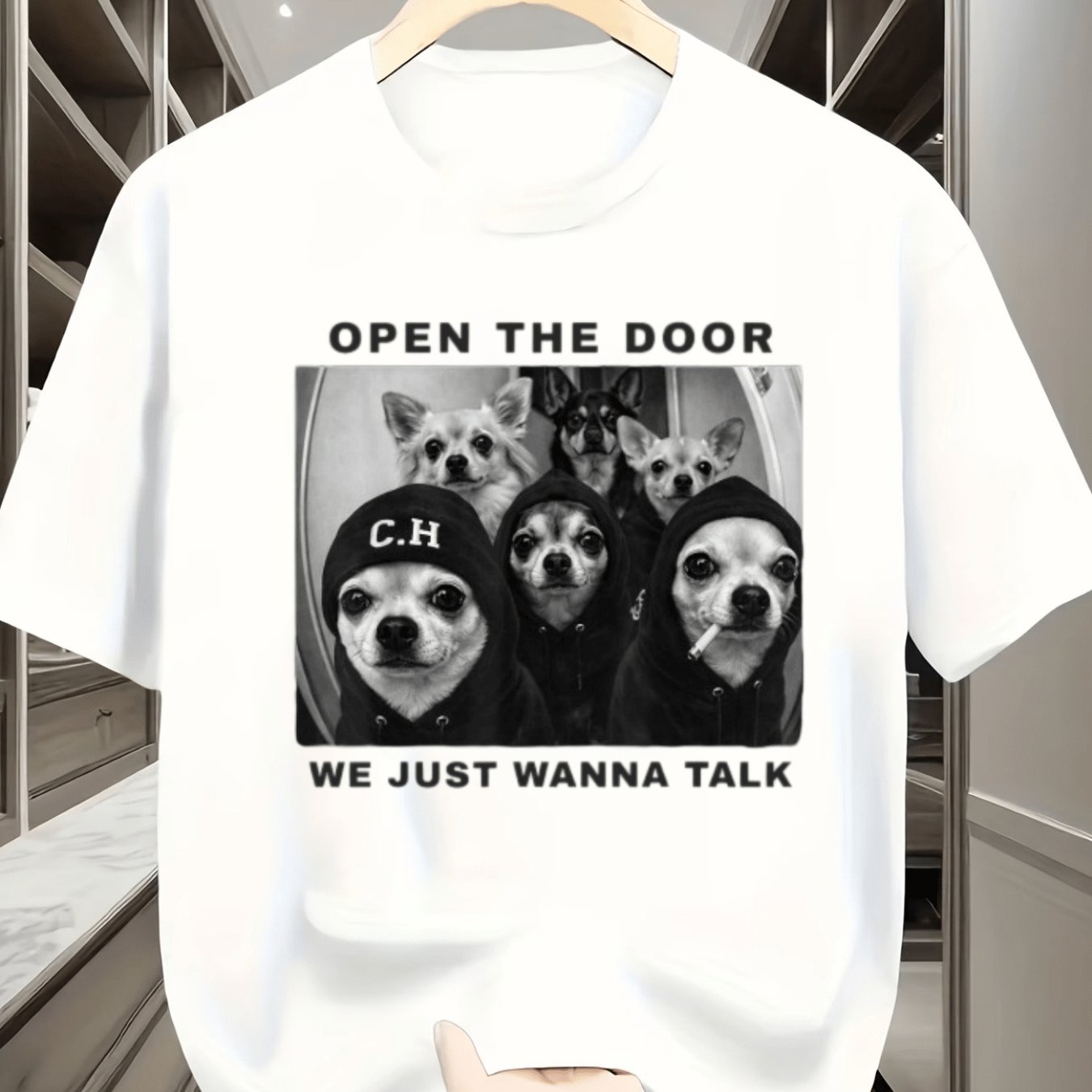 TEMU Fun Pet Style We Talk Chihuahua Print Short Sleeve T-shirt Chihuahua Theme Versatile Black Solid Color Top Youth Student Personality Trendy