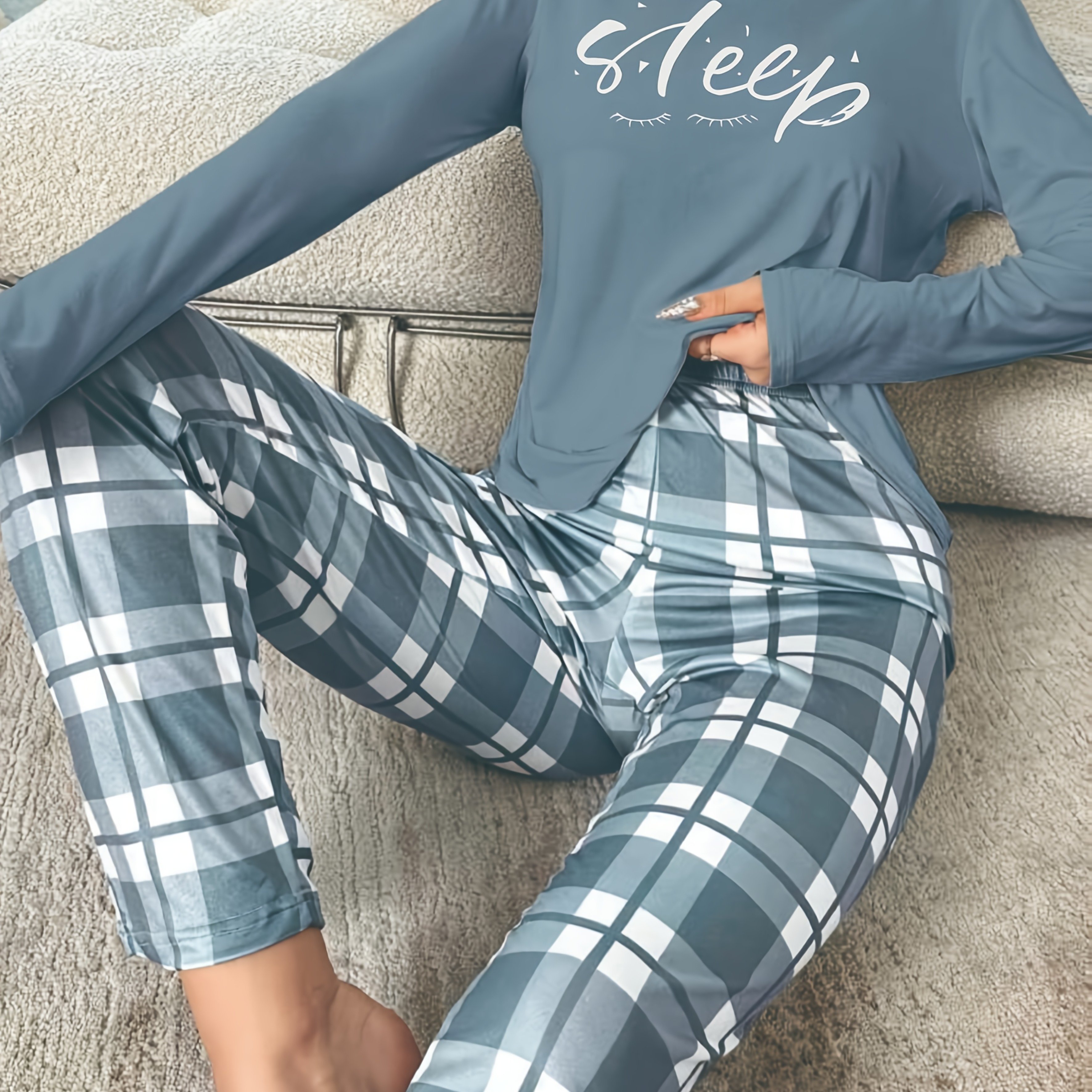 2pcs Women's Pajama Set, Long Sleeve Pajamas, Printed With "sleep" Pattern, Comfortable And Clothes