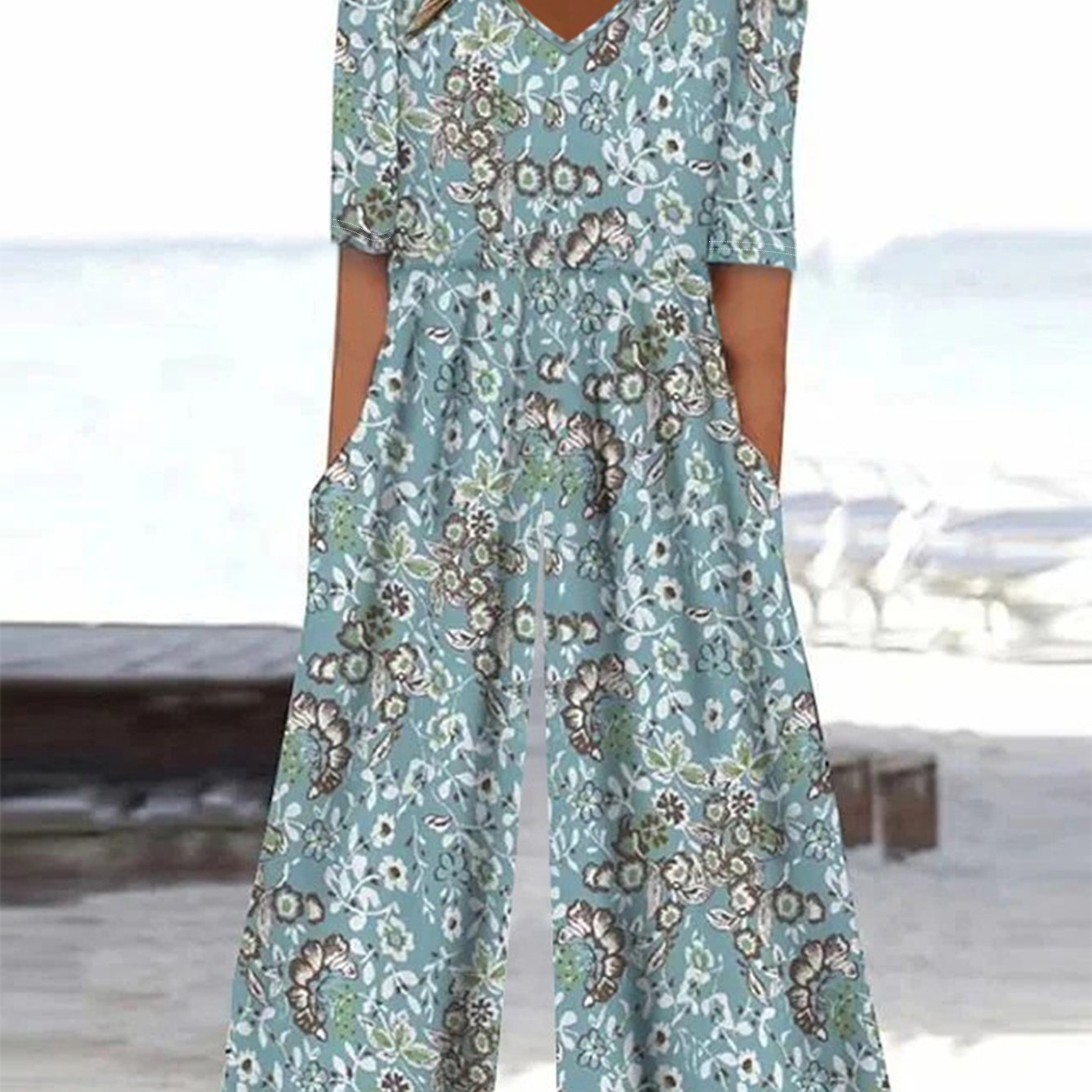 Image of Plus Size - Plus Size - A New Floral Print Jumpsuit For Women In Plus Sizes, Featuring A V-neck And Half Sleeves With A Flattering , Wear, Shopping, Parties, And Vacations, Along With Wide-leg Pants