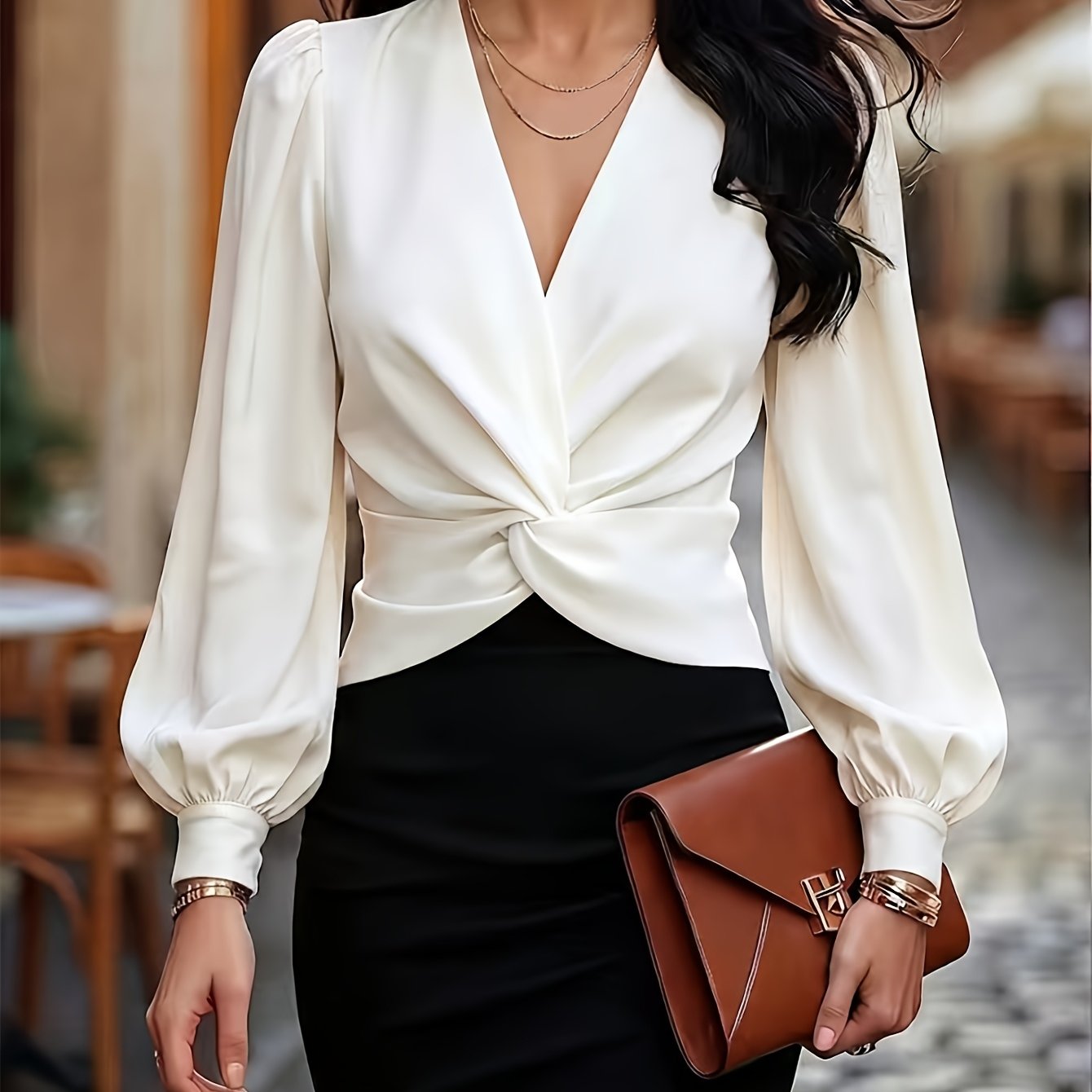 TEMU Women's Elegant Twisted Short Stretch Top, Deep V-neck, Puff Sleeve, Wrap Fit, Exquisite And Versatile, Suitable For Business Casual, Evening