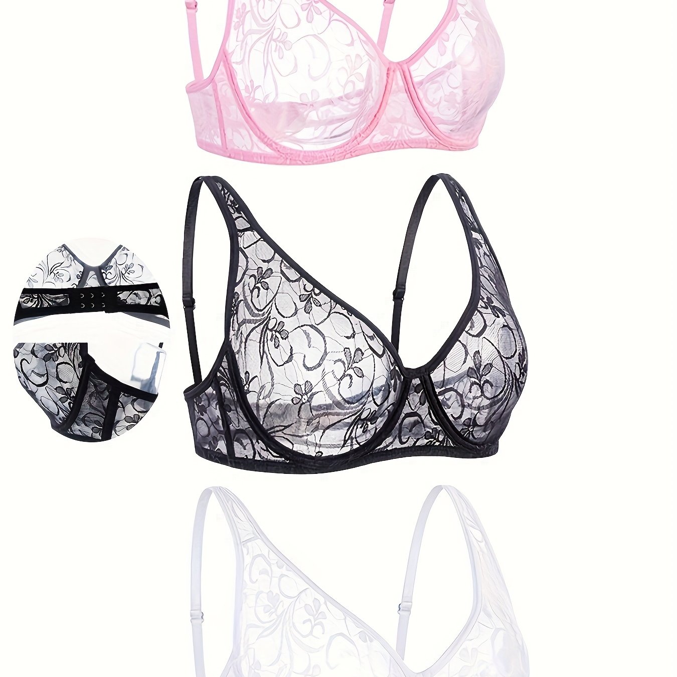 Image of Set Of 3 Women's Breathable Lace Bras With Underwire, Featuring Elegant Embroidery In Trendy Casual Styles
