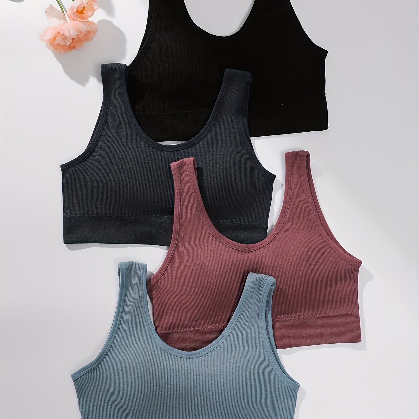 TEMU 4pcs Women's Wire-free Sports Tank Tops With Removable Pads - Seamless , Breathable Fabric, Solid Colors (black/olive/blue/navy/pink) For Gym,