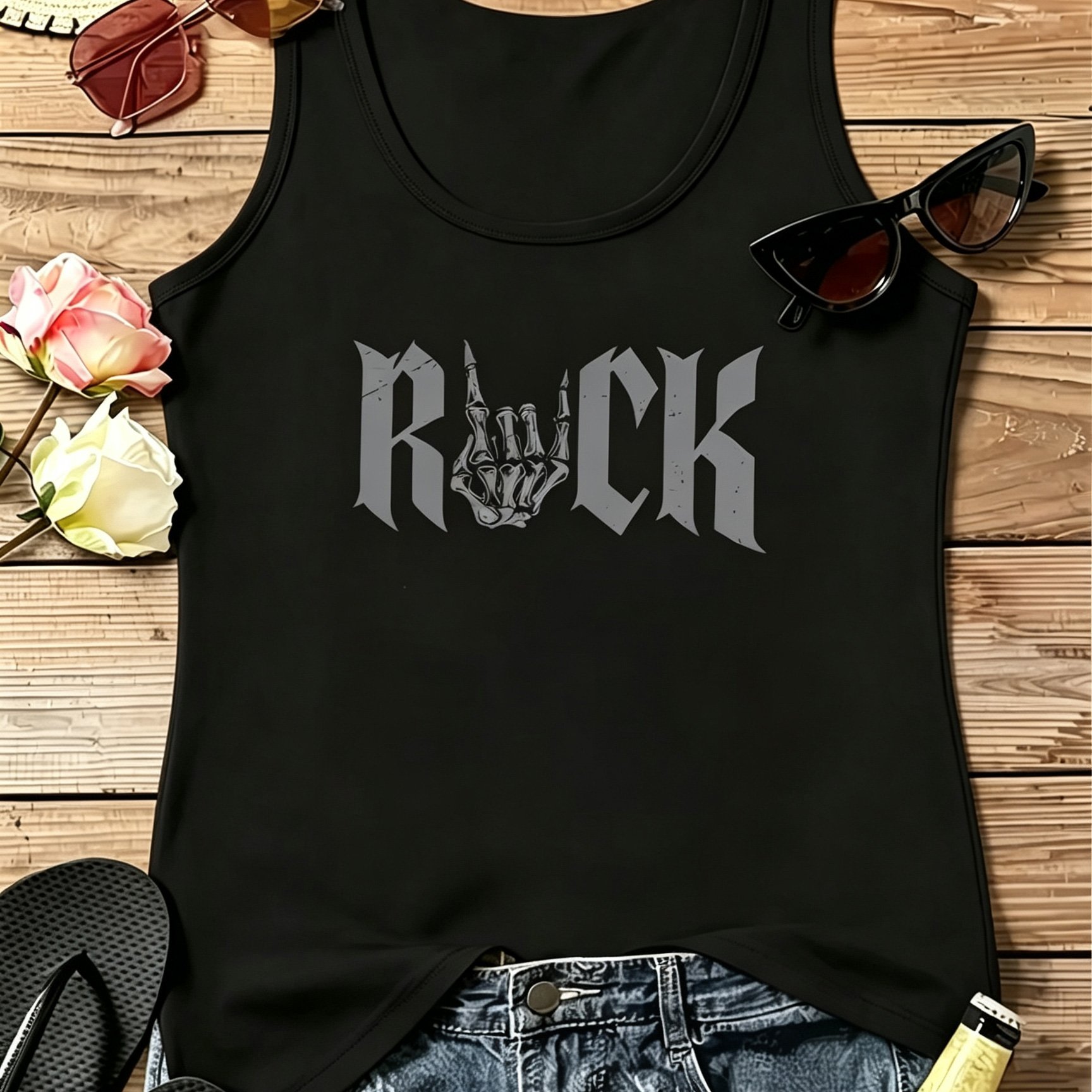 TEMU Women's -edge Distressed Tank Top With Rock-style Skull & Hand-print Graphic, Punk-inspired Sleeveless Muscle Vest, Summer Top For Streetwear,
