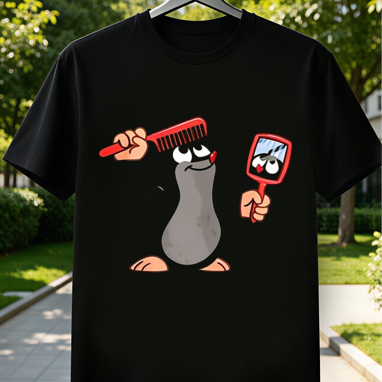 T-shirt Funny Cartoon Mole Holding And Mirror Streetwear Summer Top Unisex T-shirt