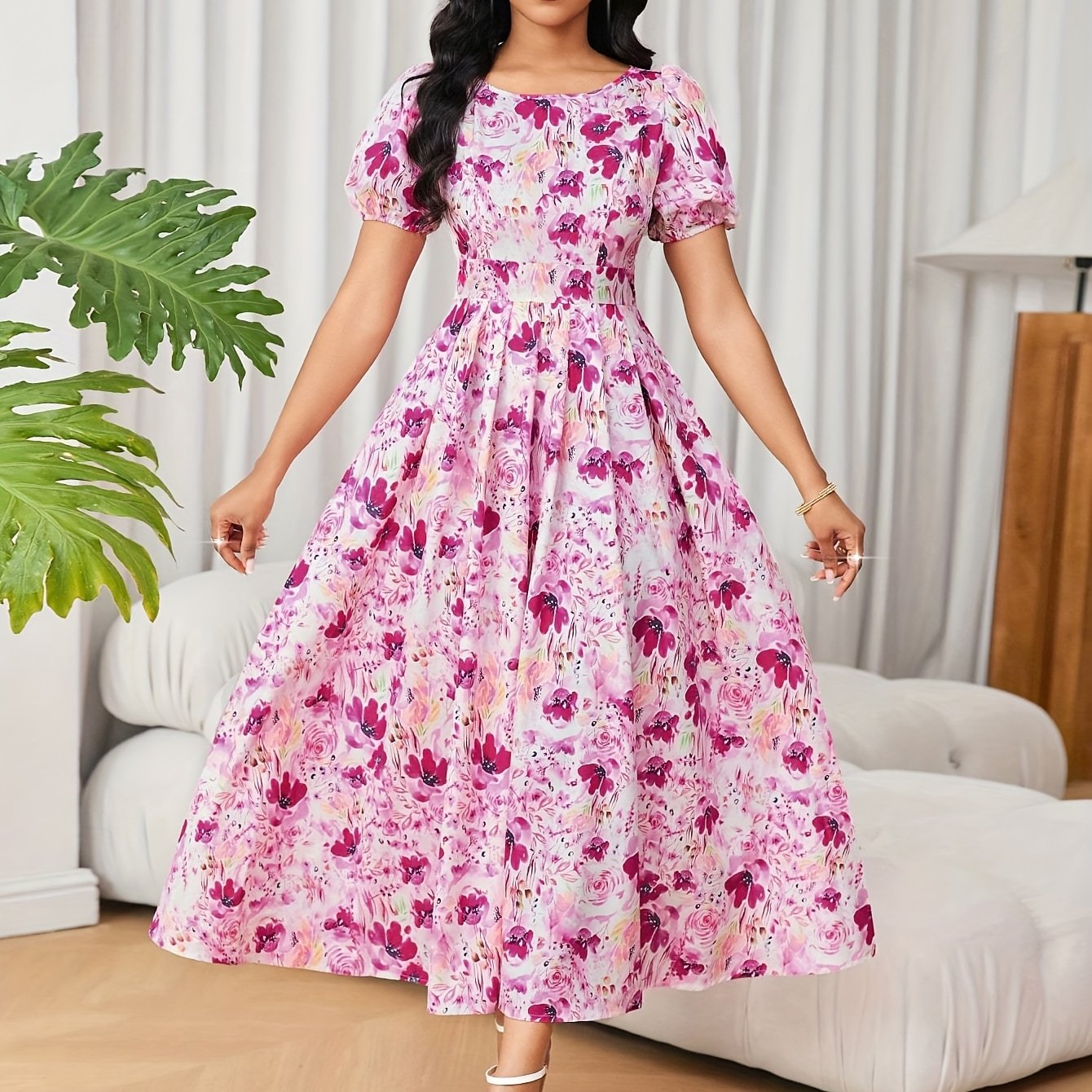 TEMU Women's Elegant Floral Print Puff Sleeve Dress Summer Waist A-line Skirt
