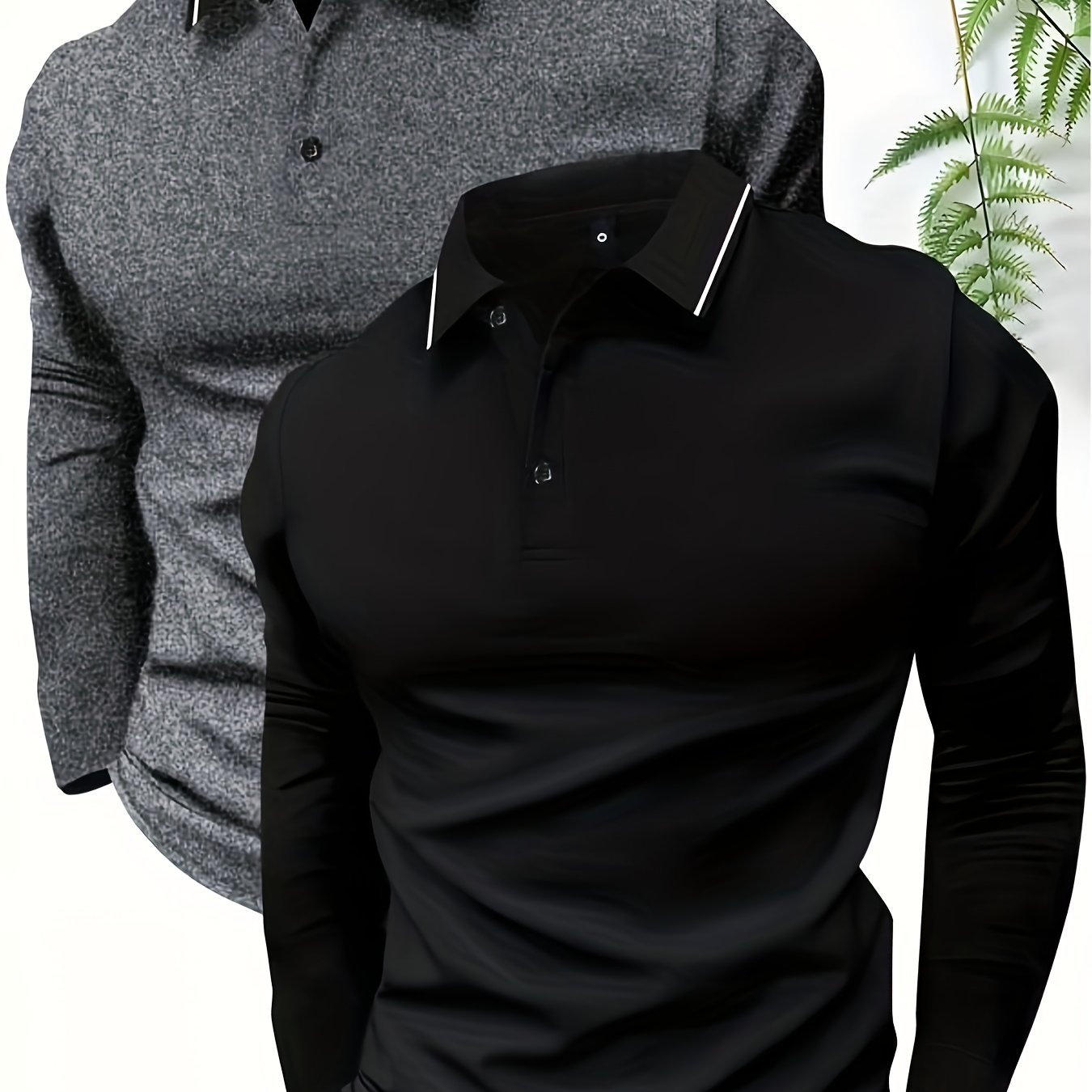 TEMU Set van 2 Polo Shirts met Lange Mouwen en Kraag, Eenvoudige en Vintage Stijl voor Heren, Geschikt voor Casual Buitenactiviteiten, Lichtgewicht