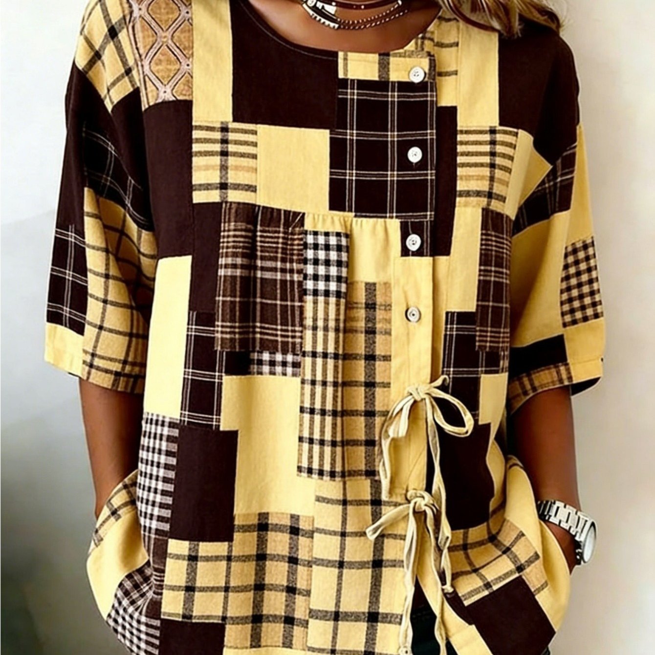Image of Plus Size - New Arrival Women Round Neck 4 Button Tie Print Loose Comfortable Breathable Daily Casual Gift For Ladies