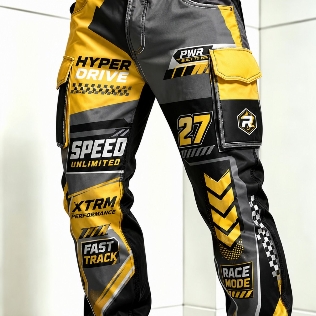 Image of Men's Cargo Pants, Yellow And Black Color Block Casual Straight Trousers, Suitable For Daily Outdoor Commuting