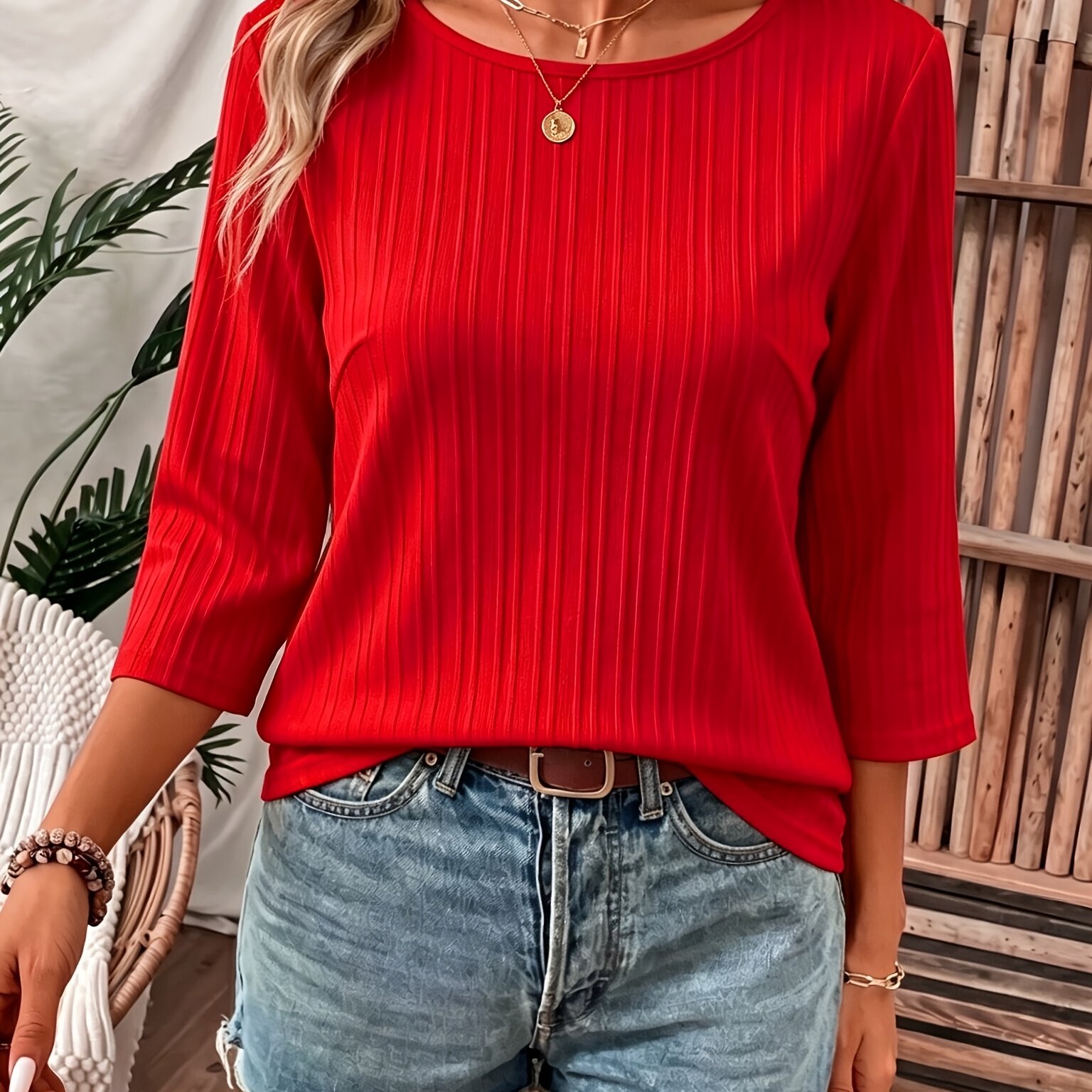 TEMU Solid Color Comfortable -friendly Round Neck Casual Daily Vacation Fashion Casual Trendy Lazy Loose All-match Women's Top