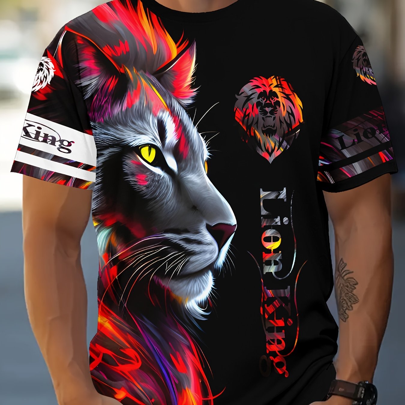 TEMU Men's Lion Graphic Print T-shirt, Casual Short Sleeve Crew Neck Tee, Men's Clothing For Summer Outdoor