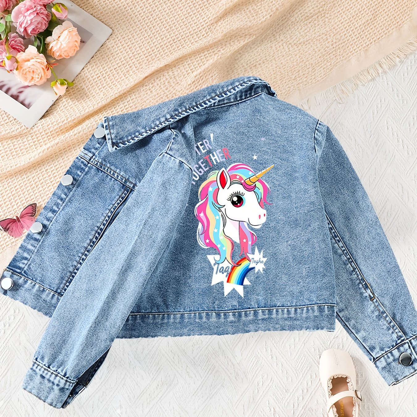 1pc Girls' Rainbow Unicorn Cartoon Denim Jacket, Fresh And For Daily , Comfortable, Stylish, And Super Absorbent