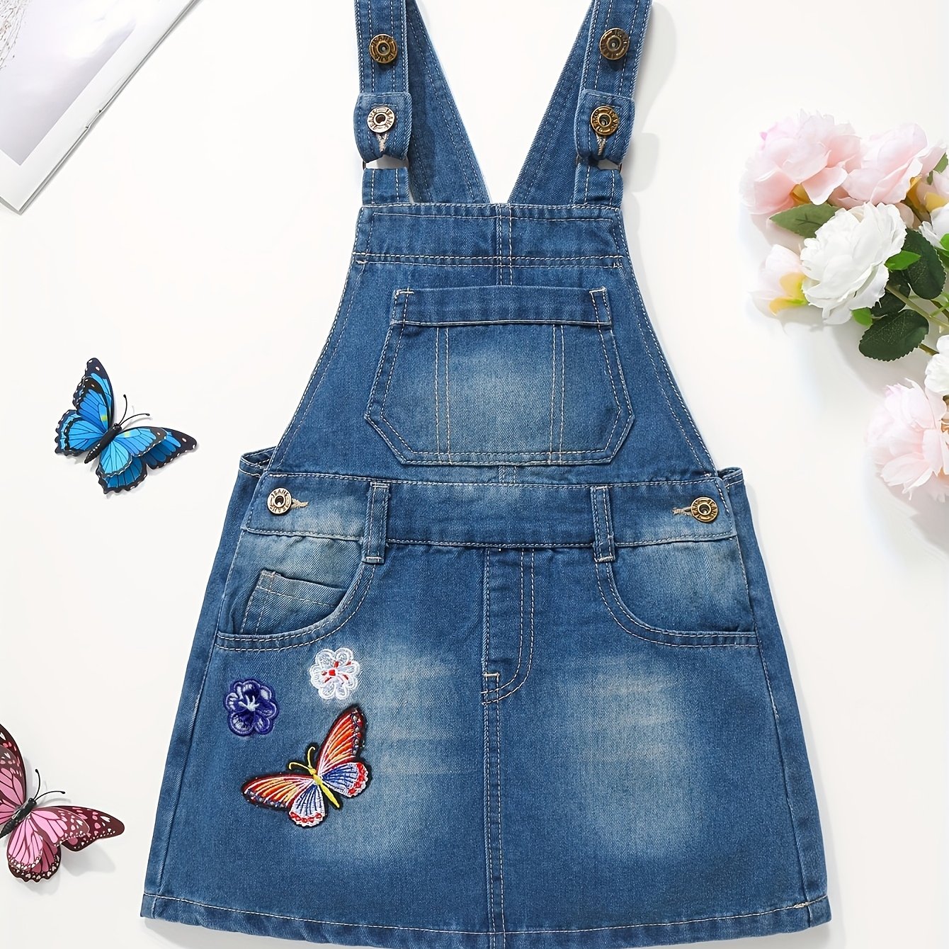 Girls' Suspender Skirt With Embroidered Butterflies, Blue, 100cm - 140cm