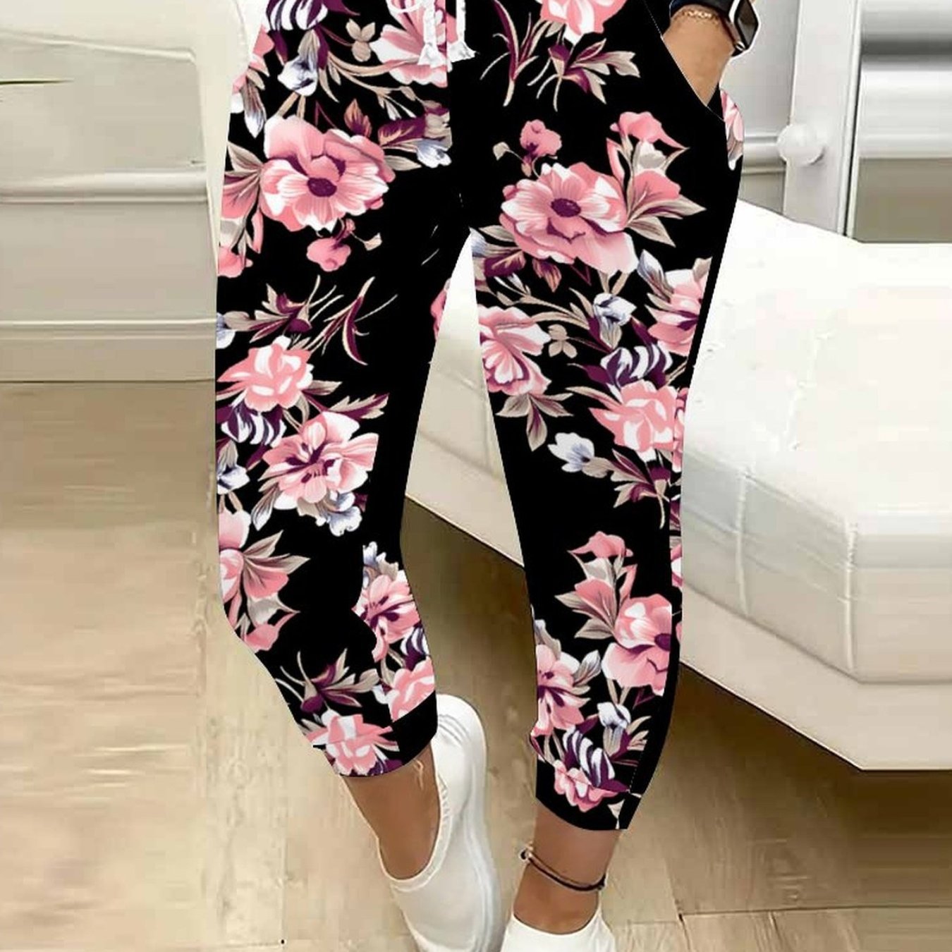 TEMU Classic Women's Casual Drawstring Pants With Floral And Tree Prints, Suitable For Outdoor Play, And Daily Casual Wear