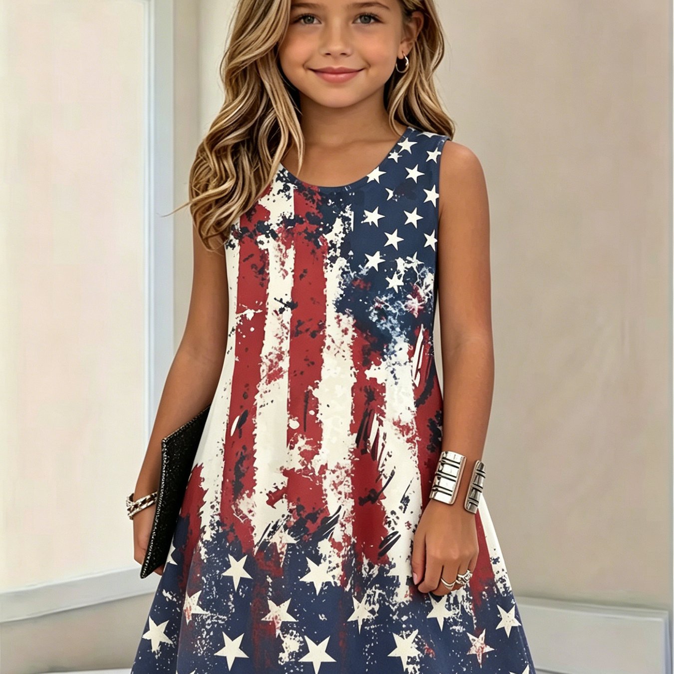Summer Girls' Sleeveless Dress With American Flag Print, Loose And Comfortable, Suitable For Outdoor Activities And Patriotic Holidays, Soft Fabric, Versatile And Stylish