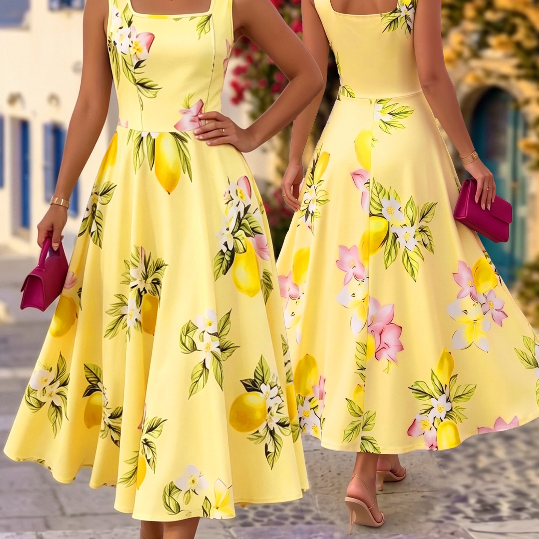 Image of Women's Floral Neck Dress With Waist Gathering And Flared Hem For Beach Vacation