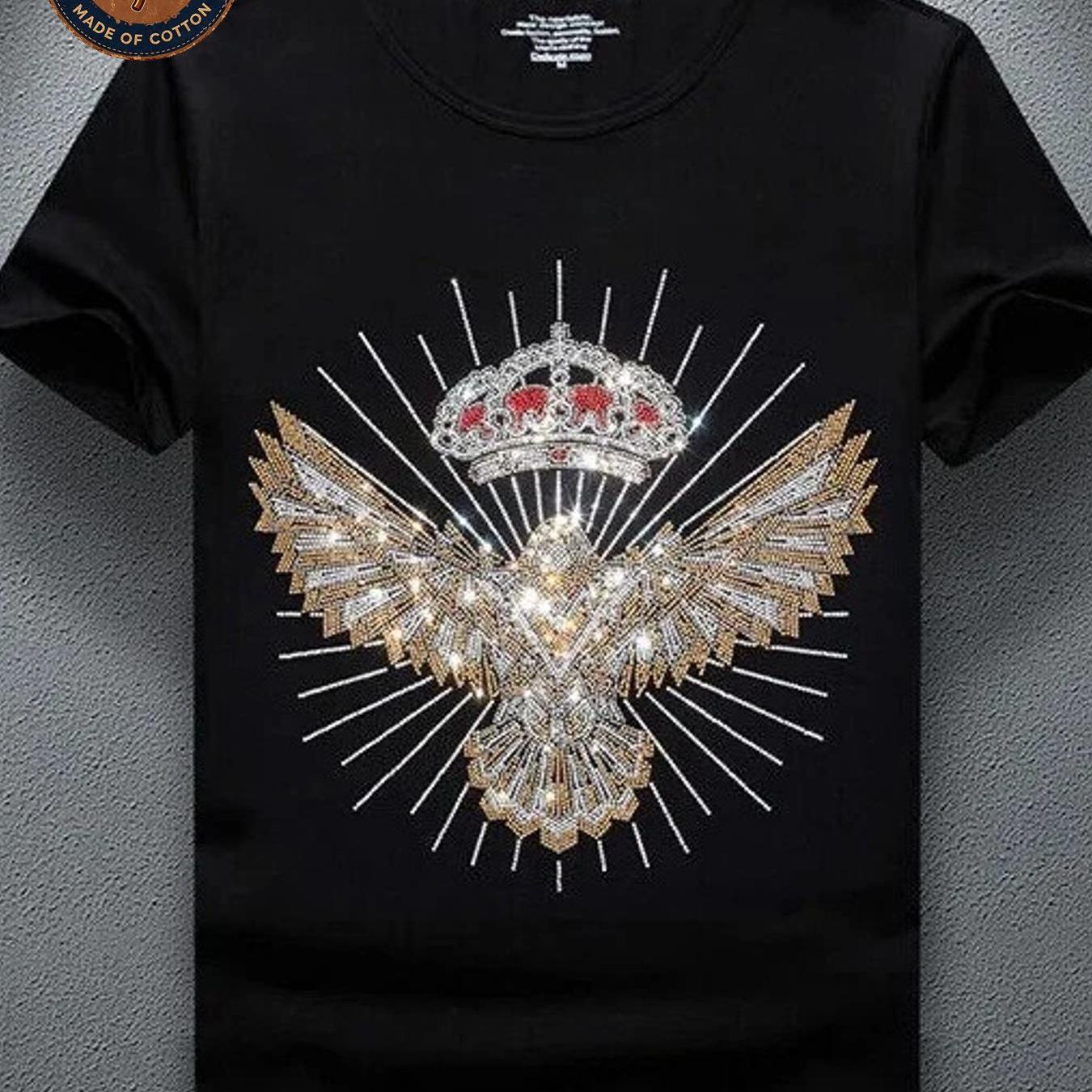 Image of Men's T-shirt Eagle Rhinestones Graphic Print T Shirt Unisex Casual Breathable Soft Streetwear Summer Everyday Wear Printed Neck Attire School Daily Concert Sided Wearing Machine