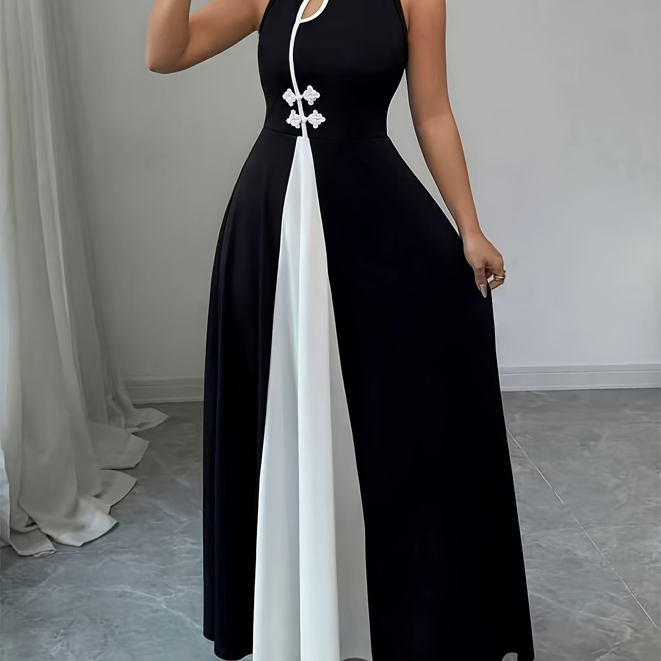 TEMU Elegant Exquisite Fashionable Chinese Cheongsam Style Women's Dress Bridesmaid Dress Black And White Contrast Color Fabric Stand Collar White