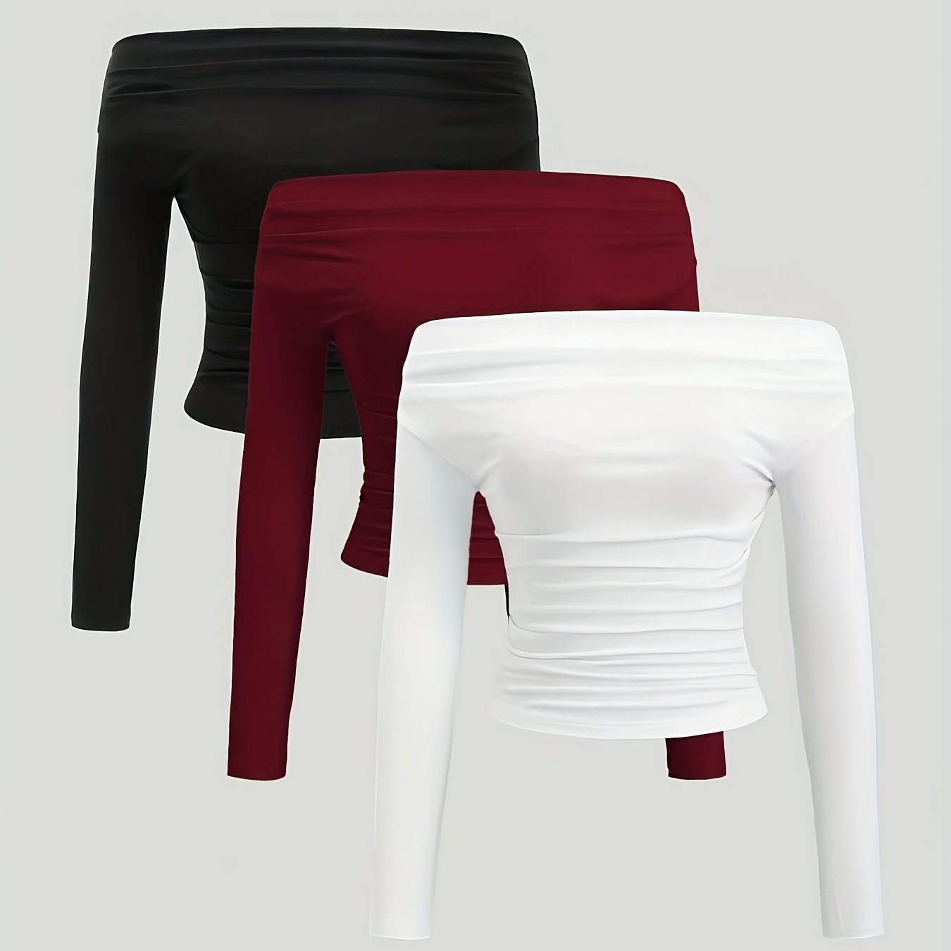 TEMU 3pcs Women's 3pcs Slim-fit Long-sleeve T-shirts - Solid Color Blouse , Non- Suitable For Spring/autumn/winter Layering, Machine Washable Opaque