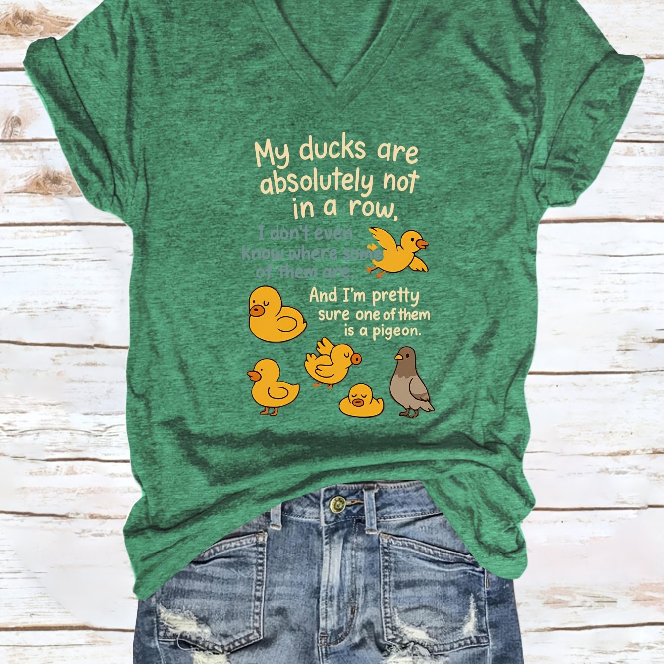 TEMU My Duck In A Row" T-shirt, Funny Quote Tee, Women's Casual Trendy Duck Print T-shirt, Humorous Top, Graphic Tee, Gift