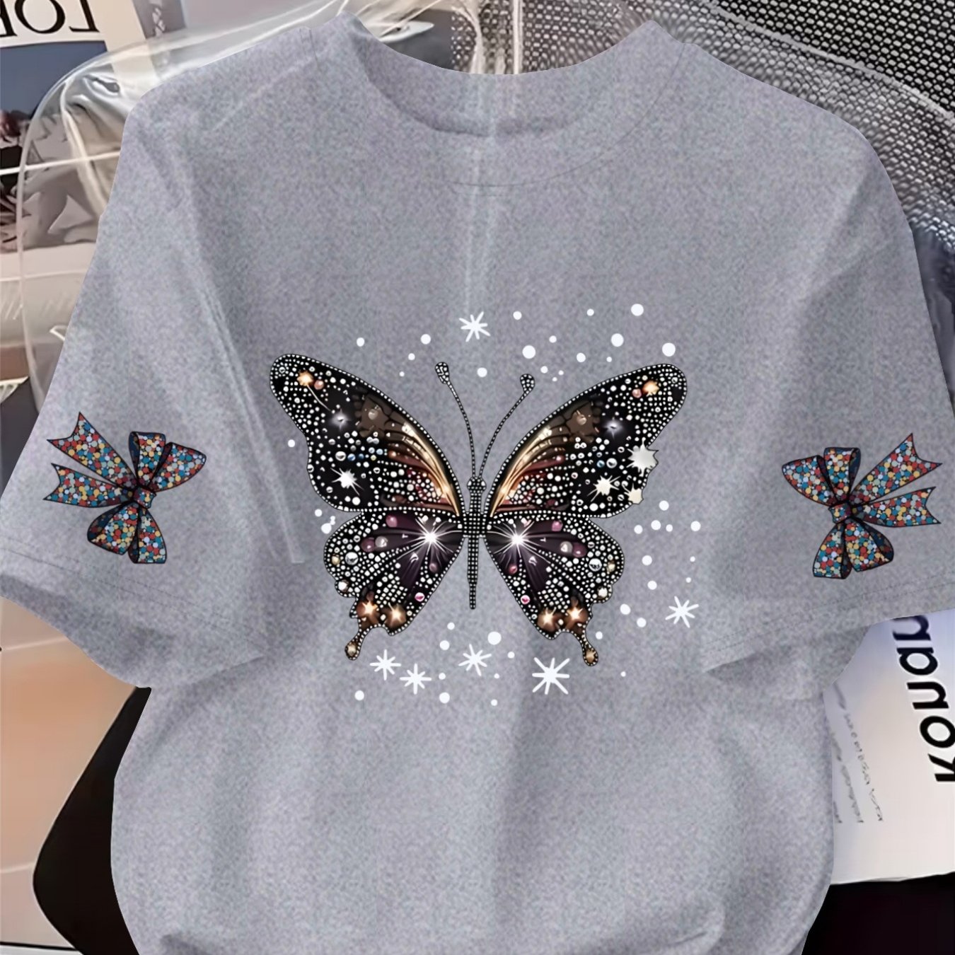 TEMU Plus Size - Dark Tone Rhinestone Star And Cuff Rhinestone Bow Print Plus Size Women's Graphic Tee