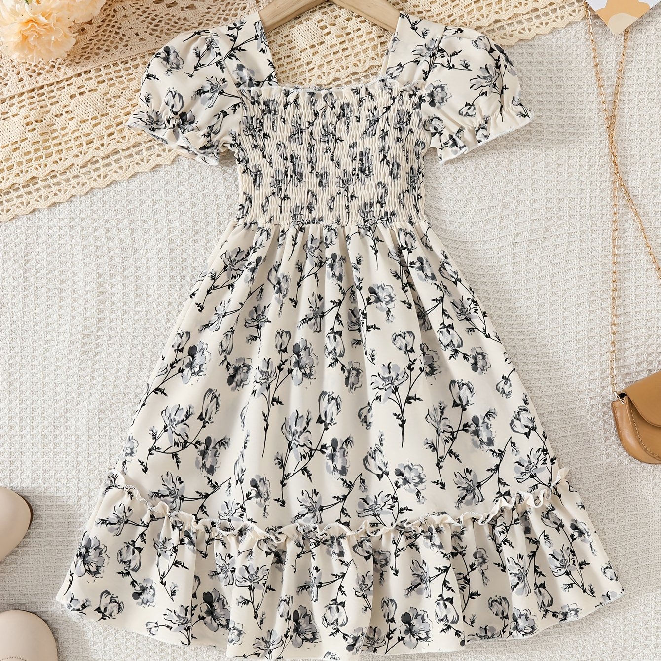 Image of Girls' Summer Casual Dress, Small Floral Princess Dress, Girls' Short Sleeve Outing Vacation Thin Princess Dress