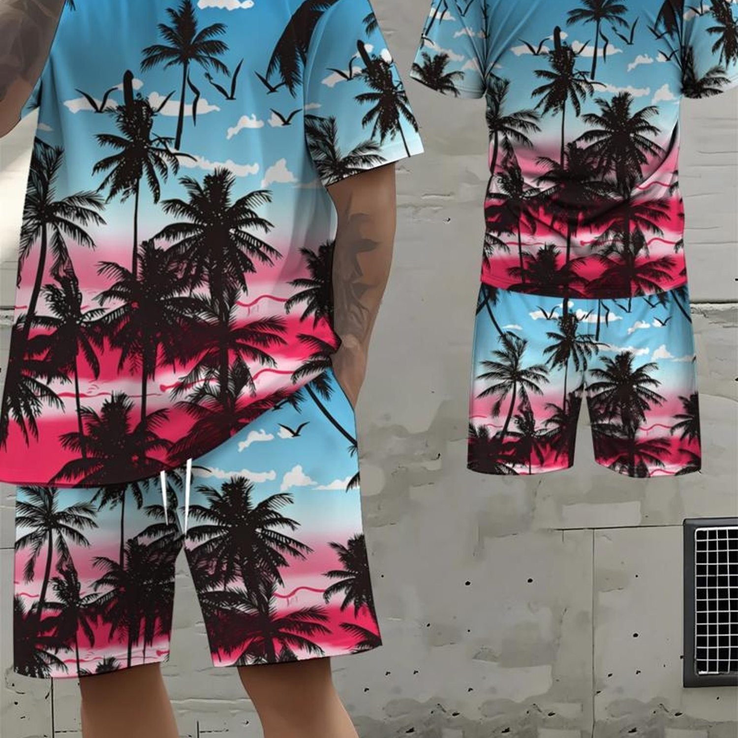 TEMU [new Arrival] Men's Novelty Clothing Set, Tropical Scene Printed Design, 2d Printing Non - Textured, Mixed Color, Multiple Sizes , Ideal For