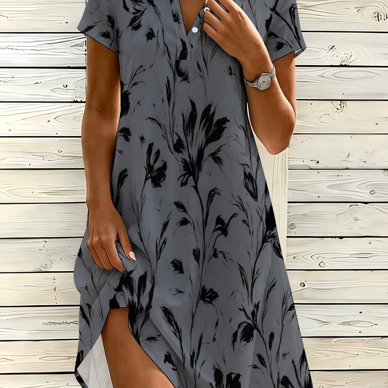 TEMU Women's Fashion Shirt Dress, V-neck Button Dress, Ink Floral Print