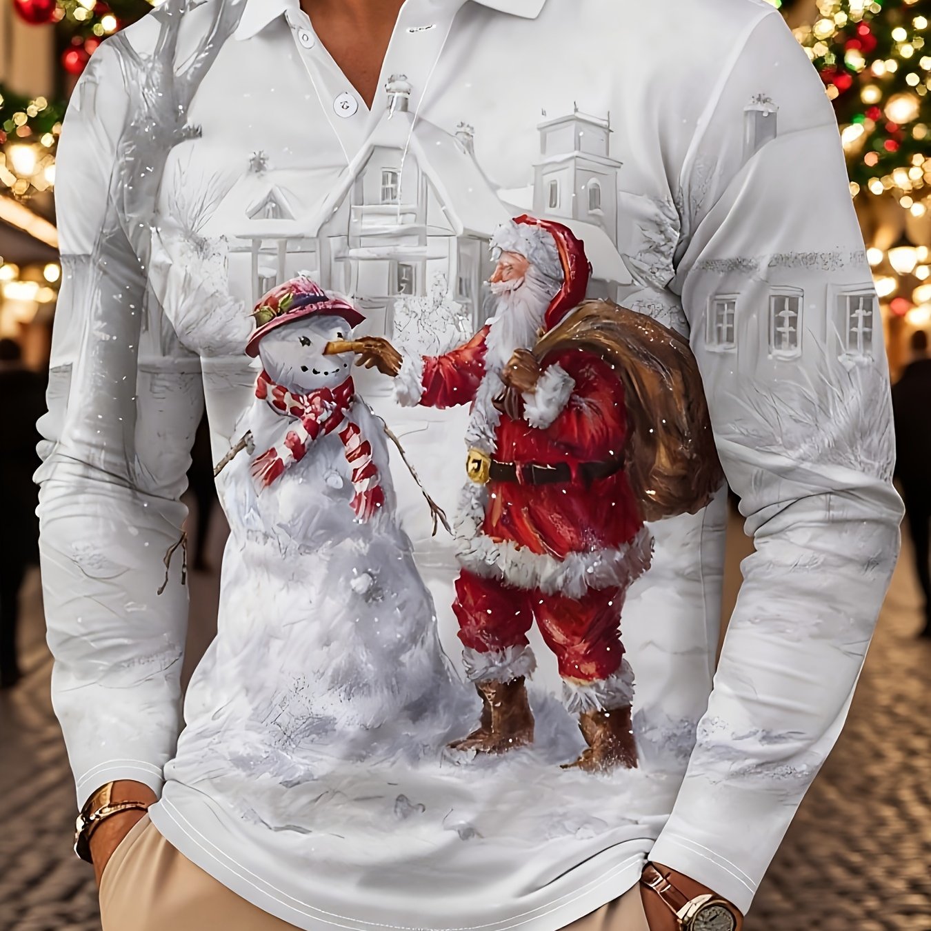 TEMU Men's Long-sleeve Shirt With A Christmas Theme, Featuring A Snow-themed Collar And 3d Digital Printing Of Cute Santa Claus And Snowman Designs,