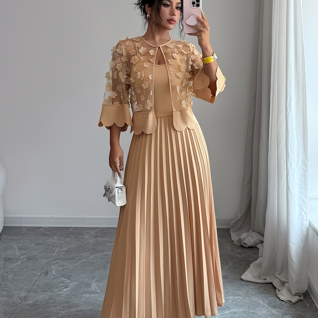 TEMU 3d Floral Mesh Cardigan Jacket And Solid Inner Dress Skirt 2pcs Set, Gentle Style Three-quarter Sleeve Sheer Outfit
