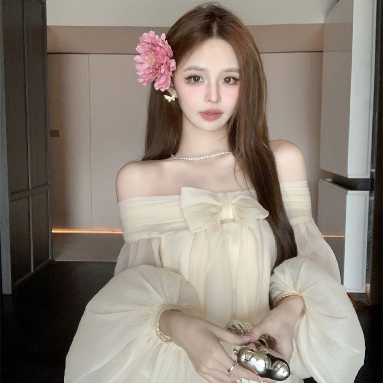TEMU 【商品名】ト レディース オフショルダー ドレス - フレンチボウ、長袖 ヘム、ルーズフィット、、カジュアルからイブニングイベントまで対応