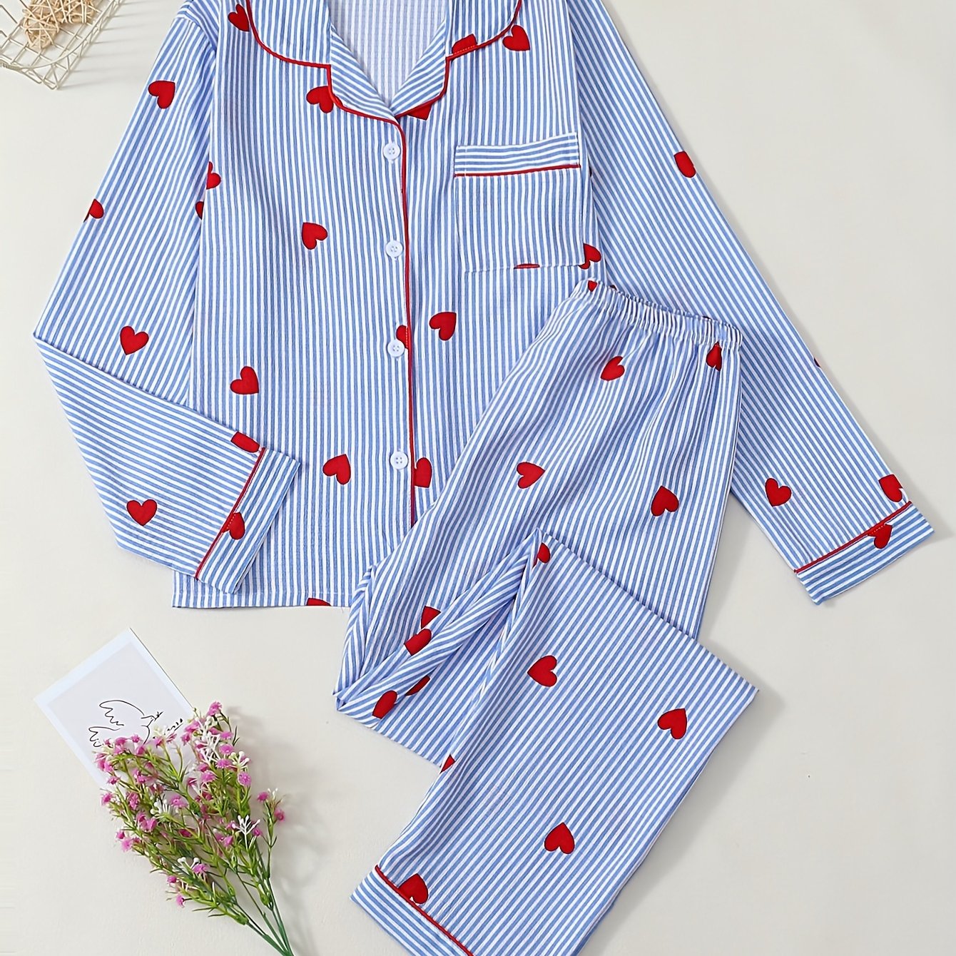 E-shop Damen Pyjama Set mit blauen Streifen und Herzchen-Print, Langarm, Knopfleiste, Weiche und bequeme Hauskleidung, für alle Jahreszeiten,