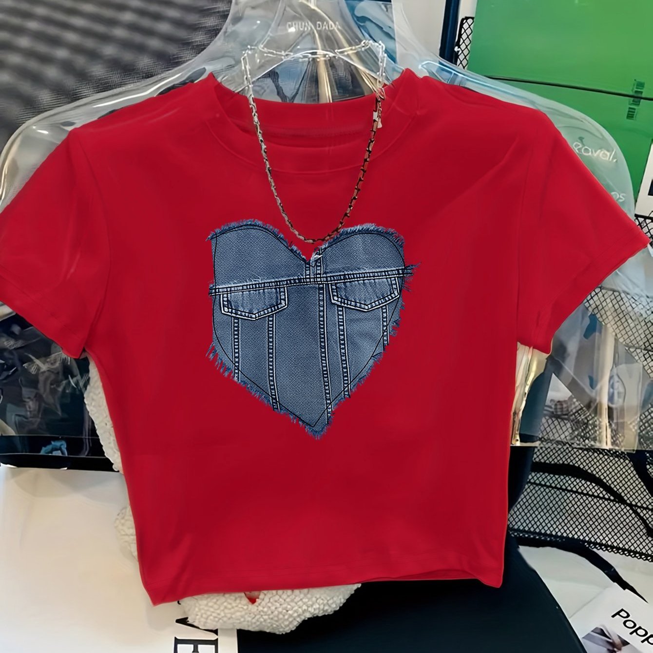 TEMU Women's Spring And Summer Y2k Short-sleeve High-waisted T-shirt, Featuring A "denim Heart Jeans Pattern" Print, Versatile Trendy Style,
