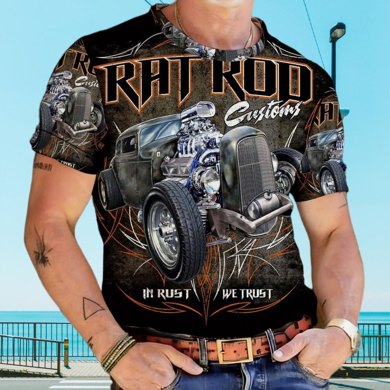 TEMU Men's Vintage Rat Rod Car T-shirt - Retro Hot Rod Graphic Tee With Distressed Short Sleeve Crew Neck, Casual Streetwear Suitable For Car,