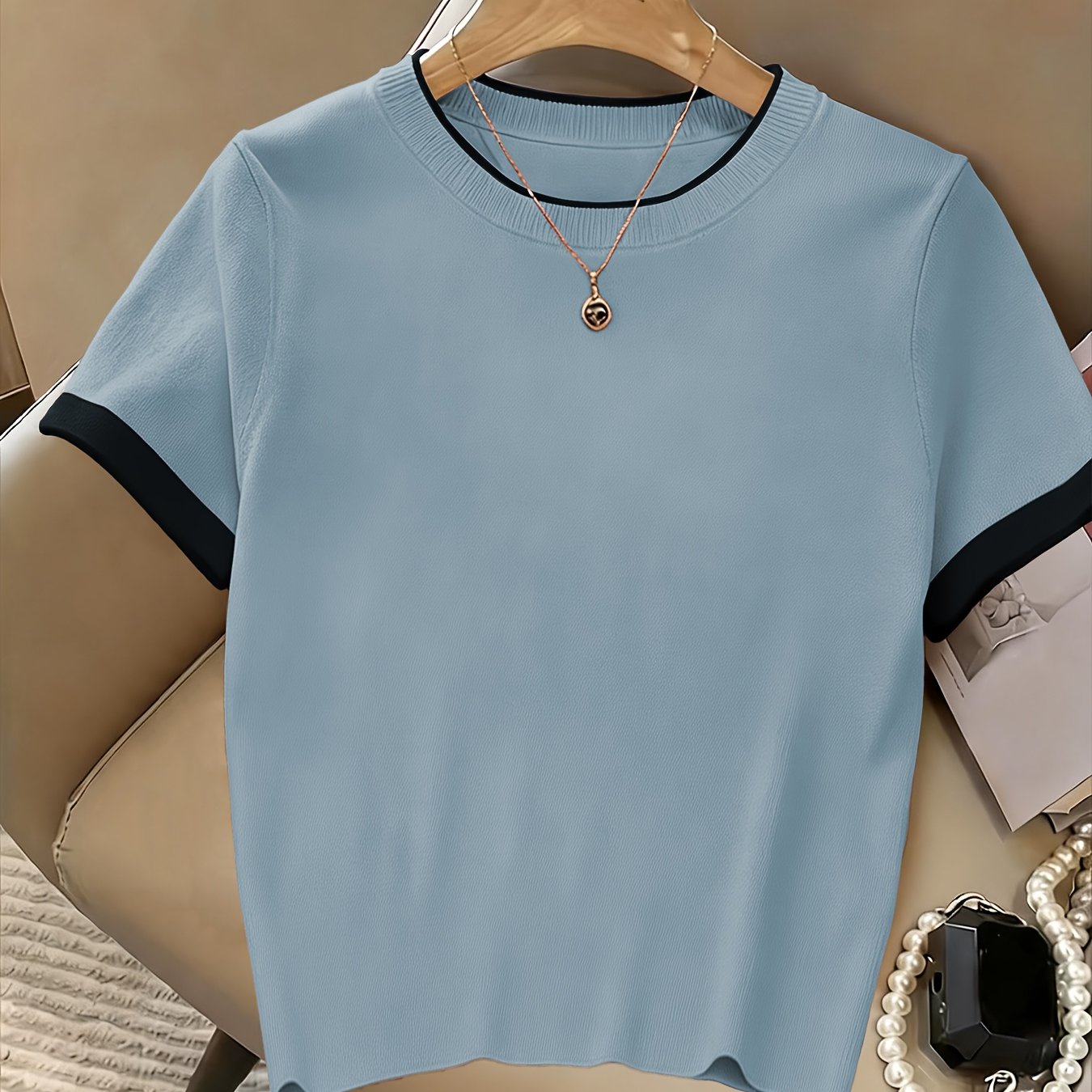 TEMU Popular /summer Contrast Color Neckline And Cuffs Pullover Short-sleeve T-shirt, Ins-style Simple And Fresh Fabric T-shirt