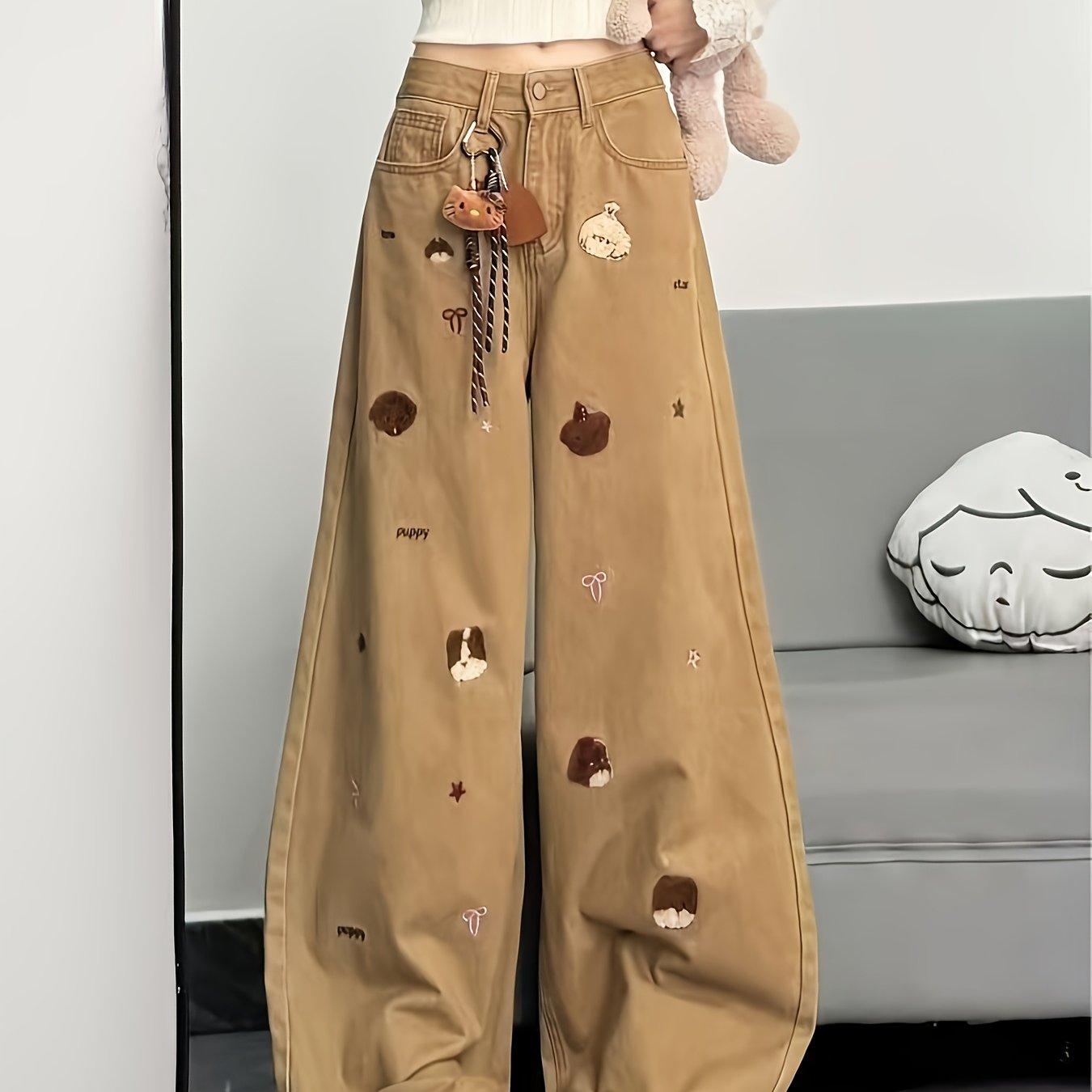 TEMU アメリカンベア刺繍入りワイドレッグジーンズパンツ - レトロカーキ フロア丈パンツ、ス ルーズフィット、カジュアルウェア・テーマコーデ・普段使いに最適、洗濯機洗い可 ワイドレッグ