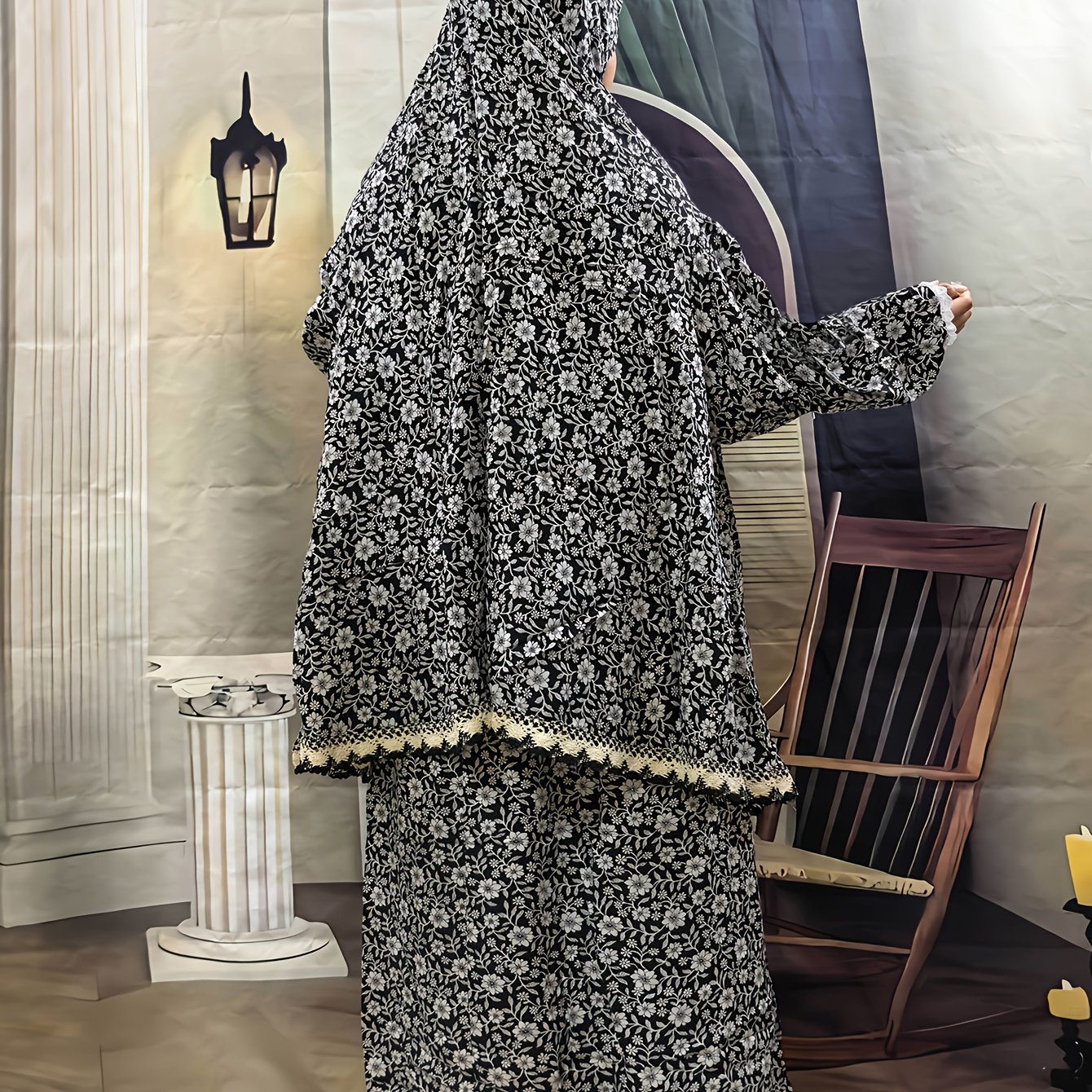 Middle Eastern Women's Fashion Print Lace Hooded Robe Set