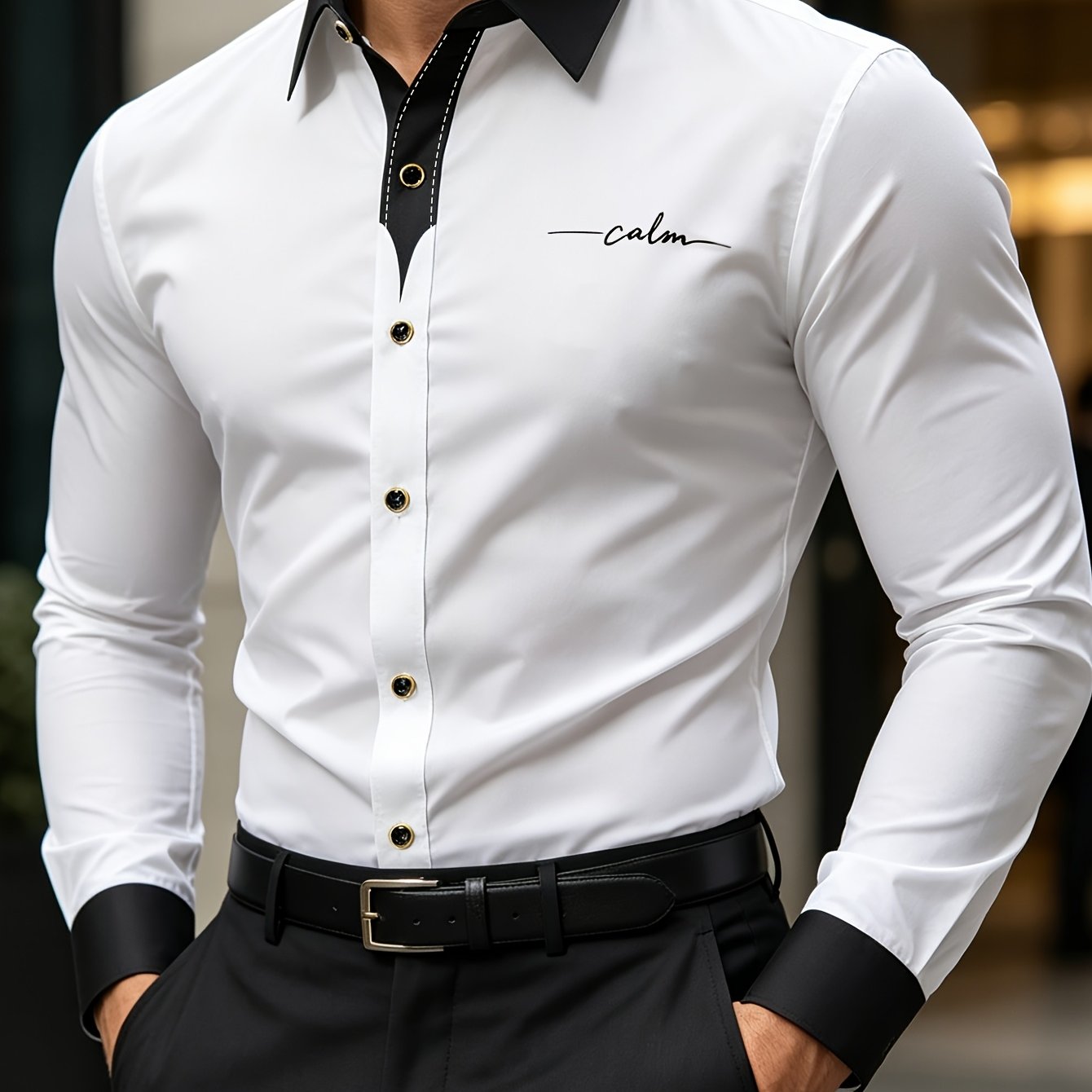 TEMU Men'-pc Shirt / Men's Outfits / Men's Designer Clothing / Business Men's Shirt 2026 Spring Black And White Contrast Color Slim Fit Wrinkle-free