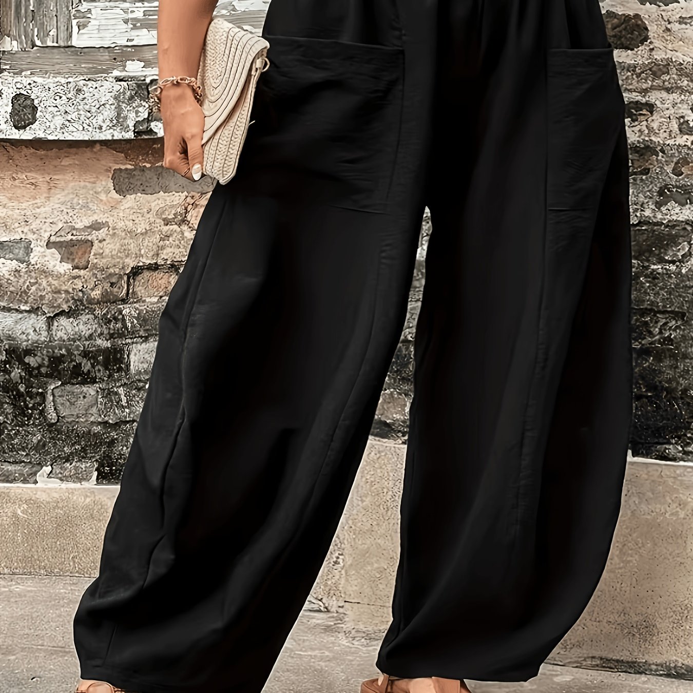 TEMU Plus Size, Women's Plus Size Wide-leg Harem Pants - High-waist Elastic Trousers With Flat Pockets, Loose Fit Wide Pants Suitable For , Machine