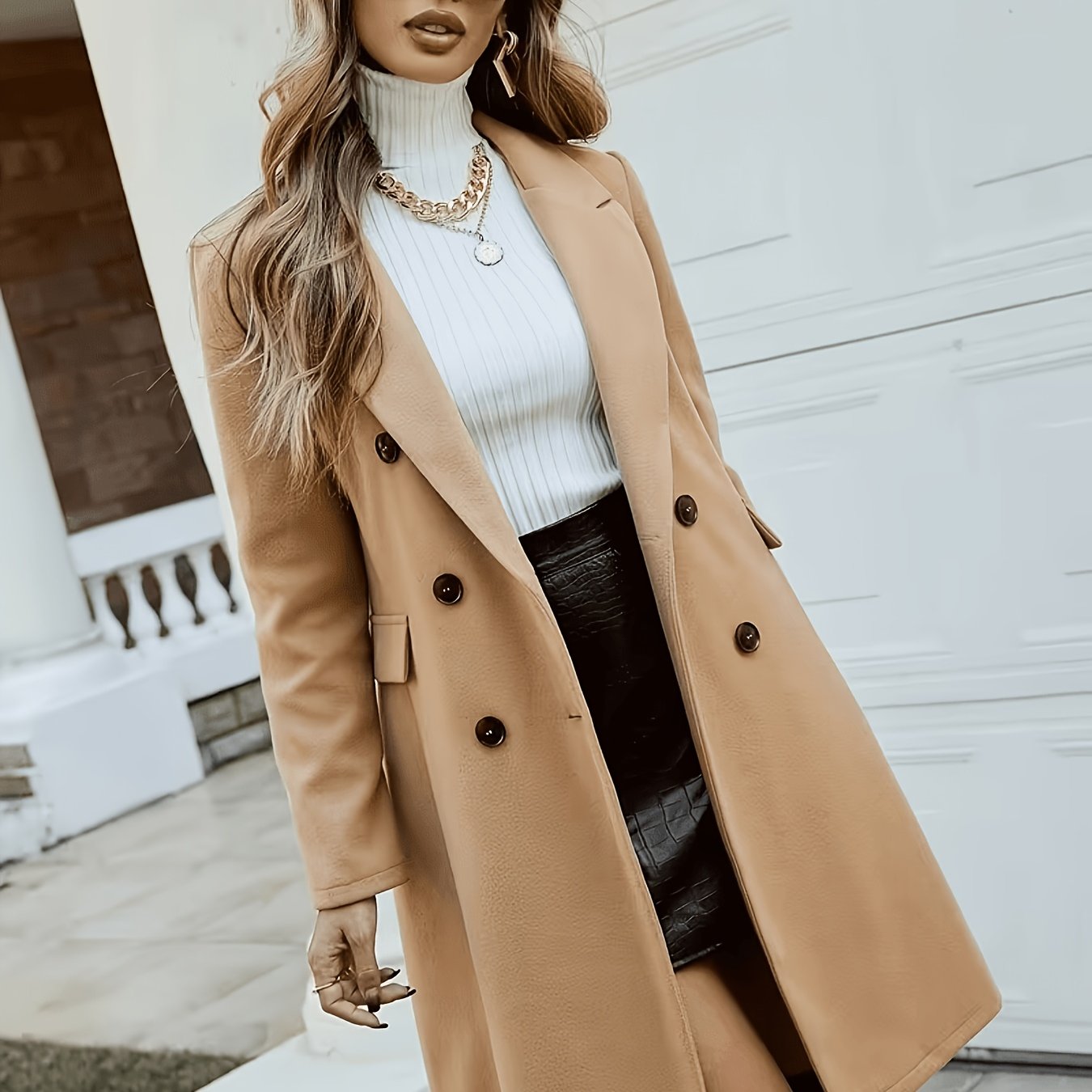 TEMU Fashionable Women's Elegant Overcoat Jacket, Stylish And Trendy, Simple Solid Color Double-breasted Jacket