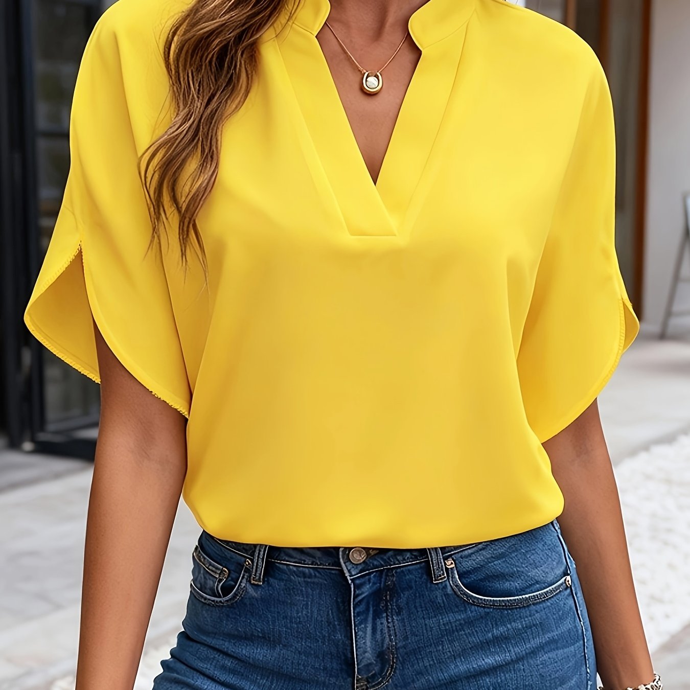 TEMU New Summer Style Premium Flowy Chiffon Top, -neck Commuter Shirt, Loose Fit Professional Blouse