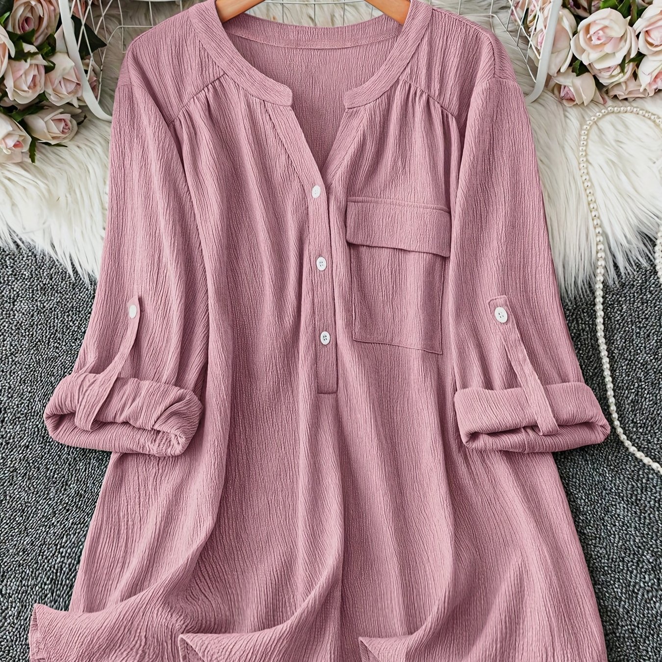 Plus Size - Plus Size - Pink Shirt, Casual Outing, Small V-neck, Spring Autumn, Daily , Women's Shirt