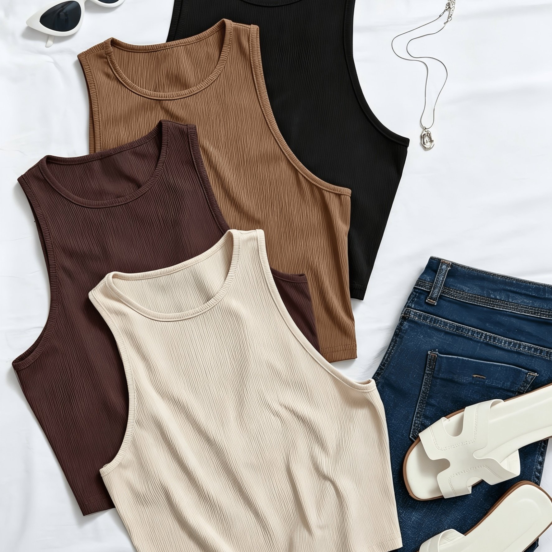 TEMU 4pcs Solid Casual Tank Tops Summer Versatile Basic Womens Sleeveless Ribbed Vests