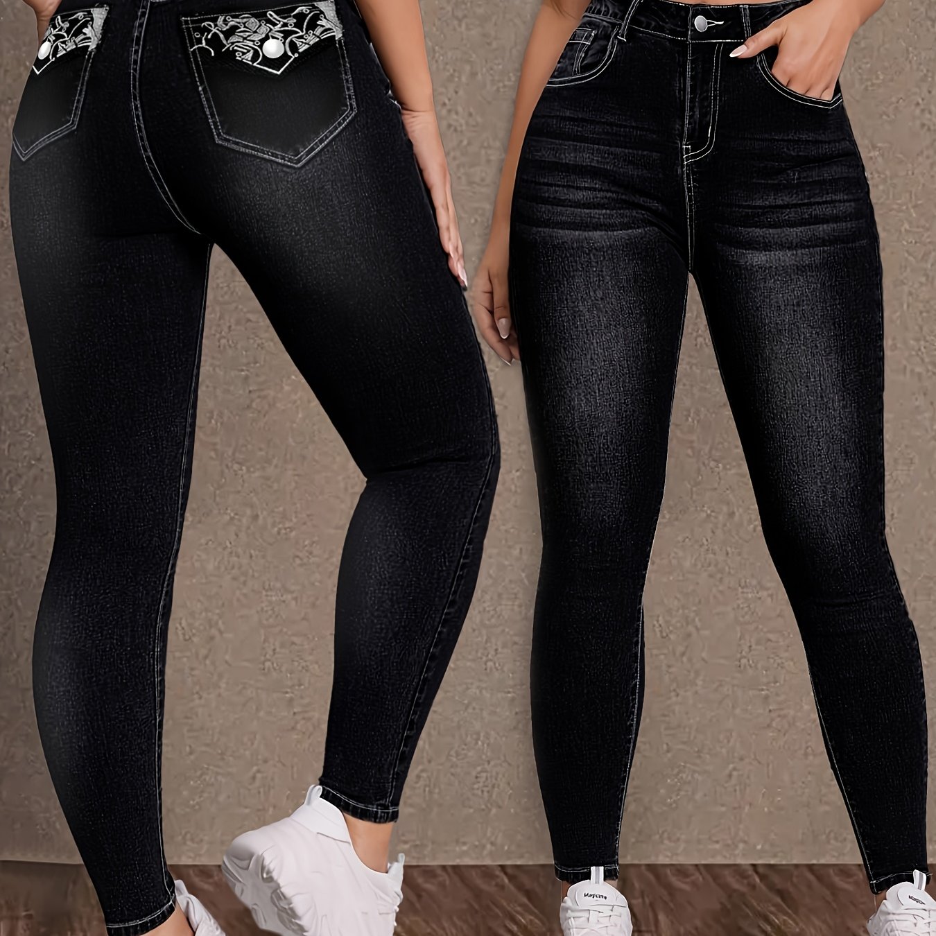 Image of Black Stirrup Complex Geometric Pattern Embroidery Multi-button Back Pocket Skinny Jeans Trousers High-waist High-elastic Elegant Mature Comfortable Fashion Women's Denim Trousers