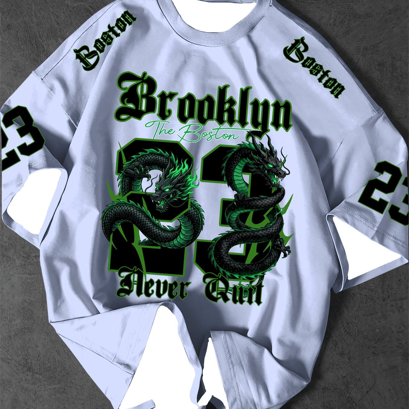 TEMU [printed Design - Not Textured] 2026 's Trendy Brooklyn 23 Green Dragon Print Short-sleeve T-shirt, Breathable Daily Tee For Casual Gifts - Plus